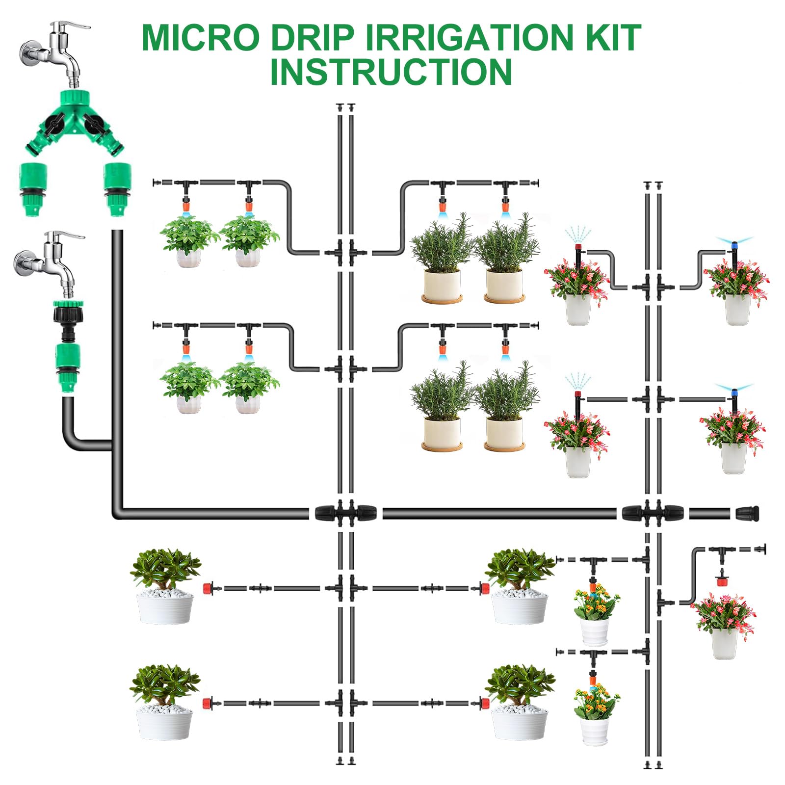 60+15M Kit Irrigazione Serra Sistema di Irrigazione da Giardino | Kit per Irrigazione a Goccia,313 Pezzi DIY Kit di Micro Irrigazione Automatico Regolabili per Giardino Serra Impianto Prato