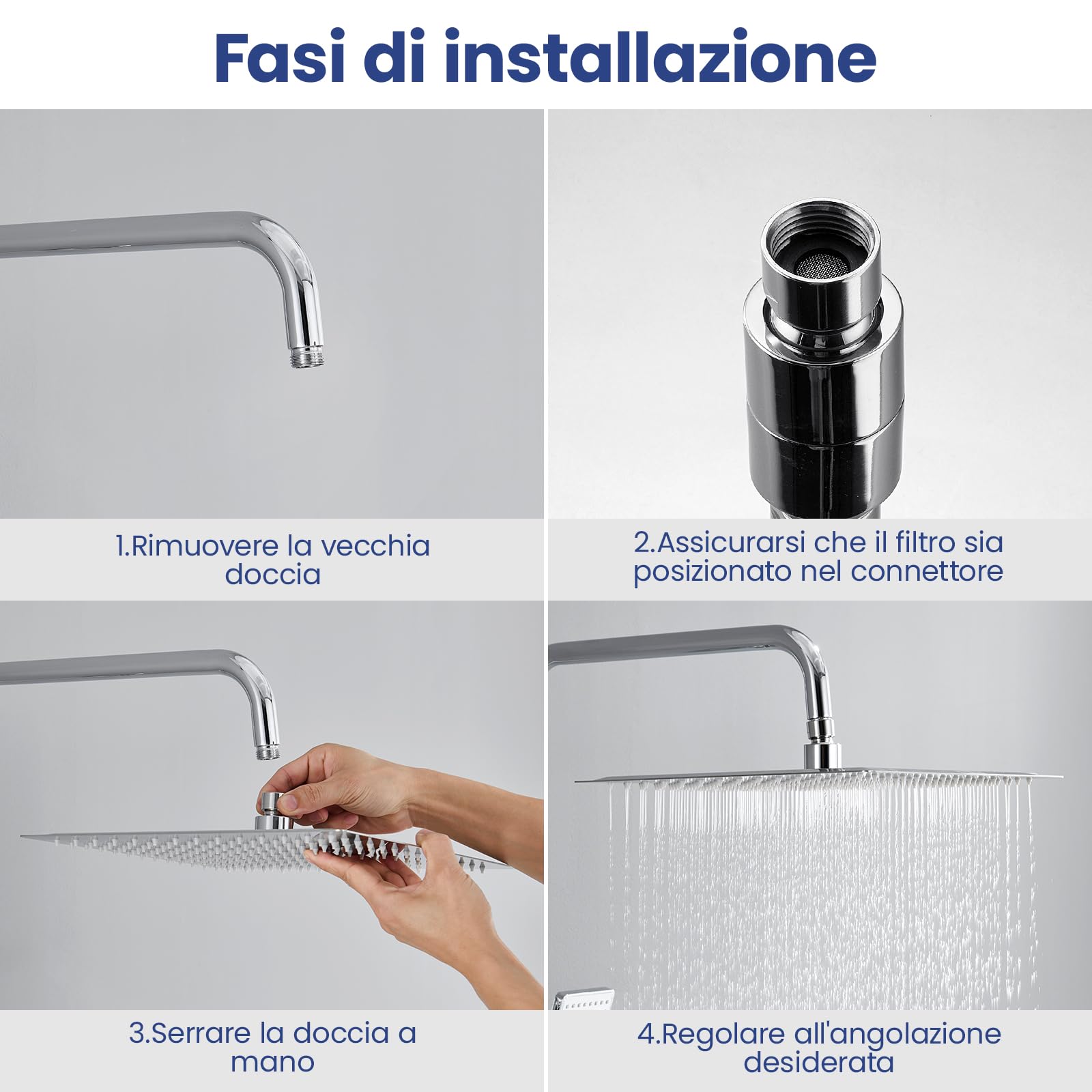 Auralum Soffione Doccia Grande Anticalcare e Alta Pressione - Quadrato 8 Pollici con Ugelli in Silicone Autopulenti - Soffione Doccia Fisso a Pioggia in Acciaio Inox con Girevole a 360° - Cromato