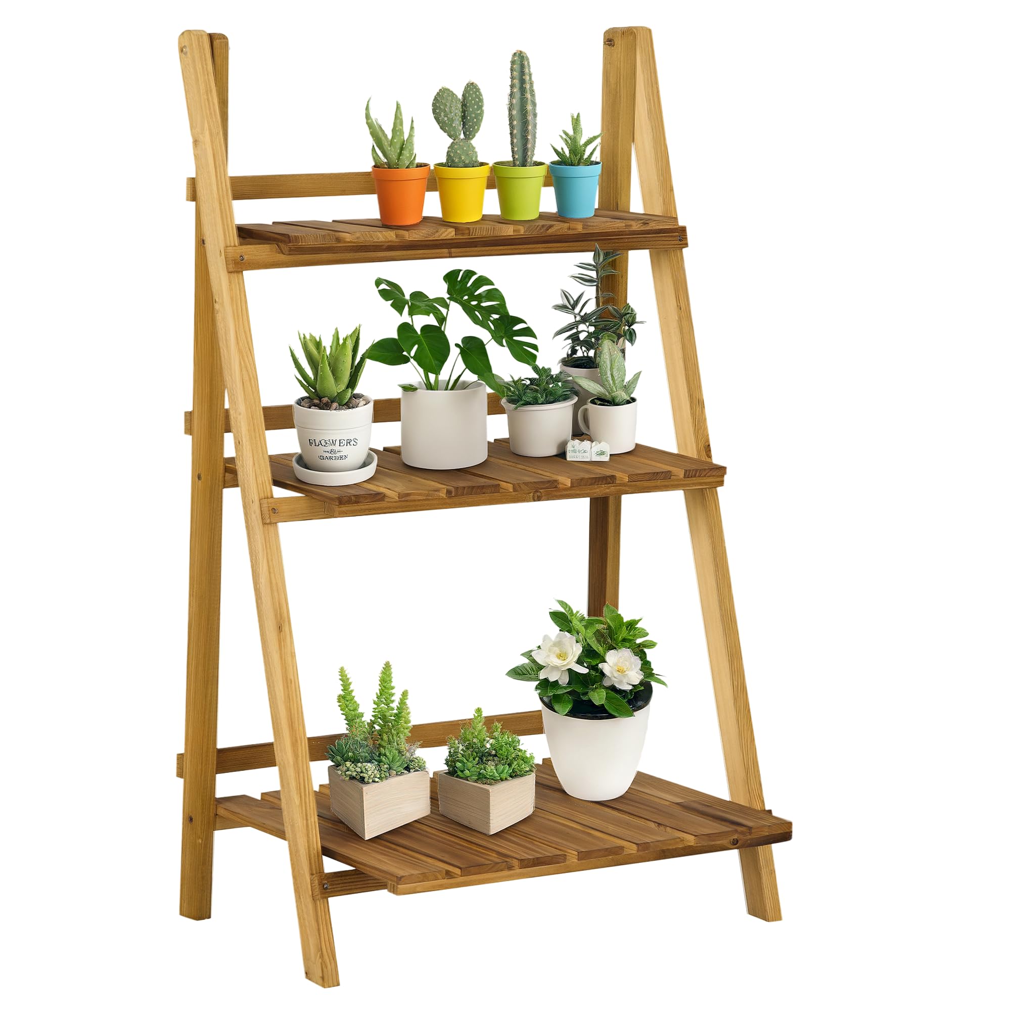 Outsunny Wooden Folding Flower Pot Stand 3 Tier Garden Planter Display Ladder Gardener Storage Shelves Rack Herb Holder (60L x 37W x 93H cm) — image 1