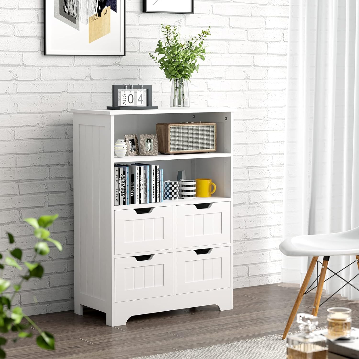 iHomy Bathroom Storage Cabinet Wood Floor Cabinet Storage Organizer Cabinet with 4 Drawers and 2 Shelves Standing Cabinet for Bathroom, Living Room and Hallway : Home & Kitchen