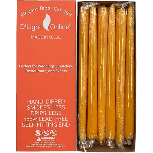 D'light Online 10" Autumn Yellow Elegant Taper Candles Premium Quality Candles, Unscented, Hand-Dipped Tapered Candles, Dripless and Smokeless - Set of 12 Individually Wrapped (10 Inch, Autumn Yellow)