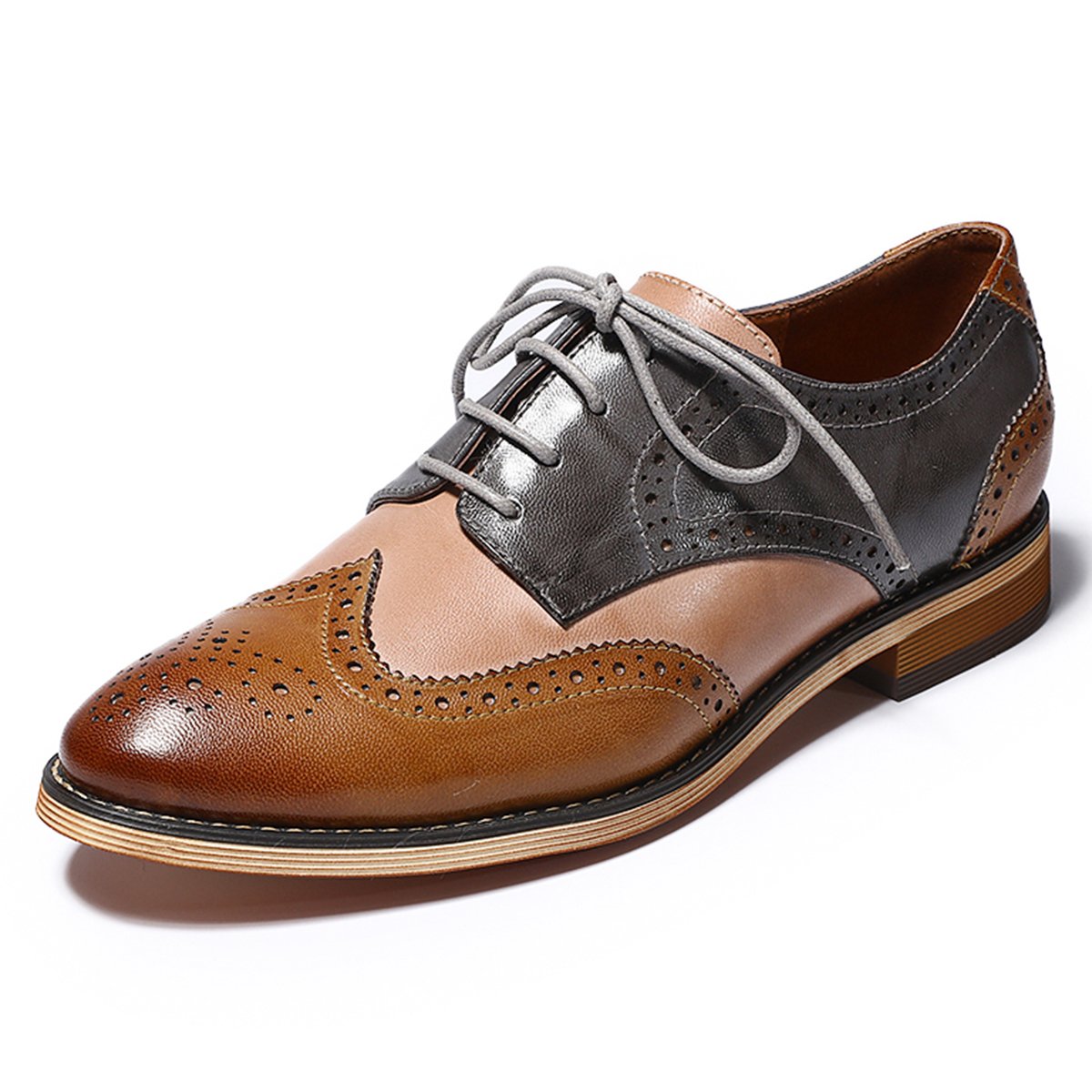 Mona flying Womens Comfortable Multicolored Wingtip Oxfords Brogue Lace-up Leather Shoes for Womens Ladies