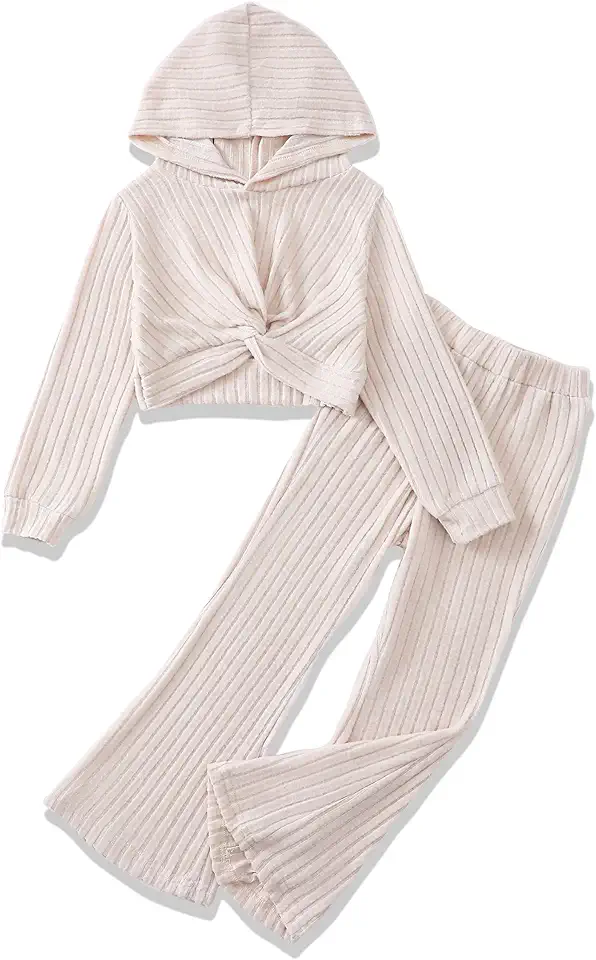 XUANHAO Girls Clothes Fall Winter Teen Outfits for Girl Rib Knit Twist Front Hoodie Flare Pants Sweatsuit Girls Clothing Set