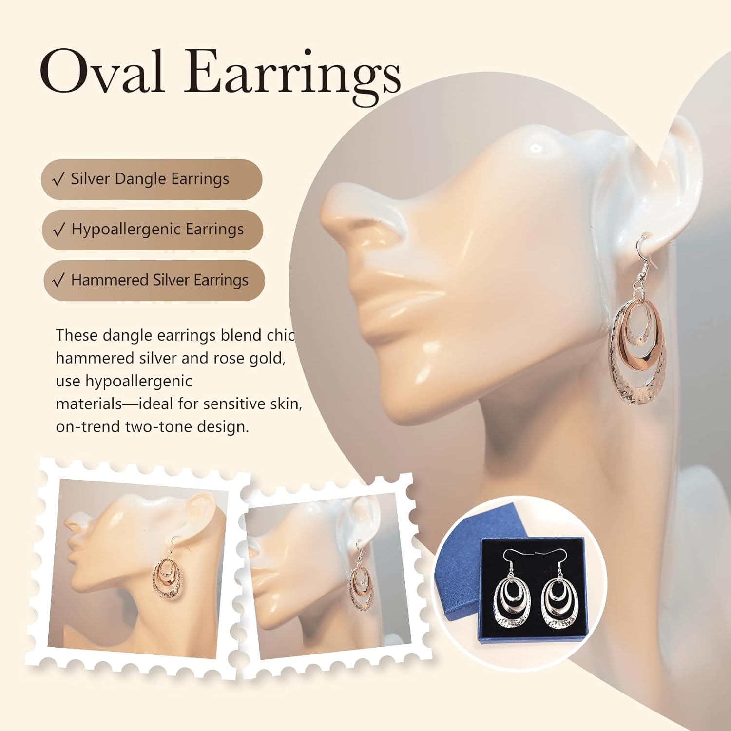 Triple Silver and Rose Gold Dangle Earrings for Women - Hammered Oval Circle Drop Earrings, Large Hypoallergenic Trendy Jewelry - Image 2