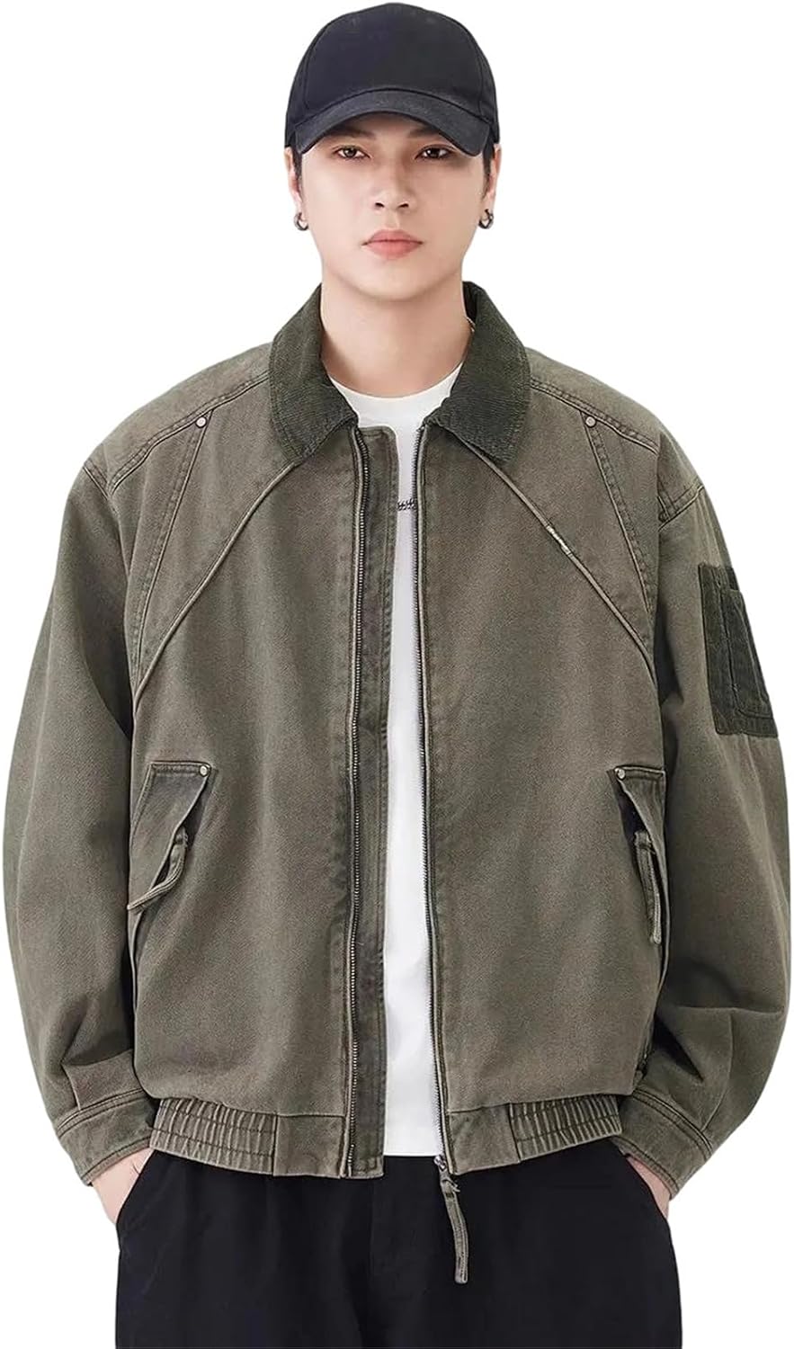 Men's Washed Cotton Cargo Jacket Lapel Bomber Coat