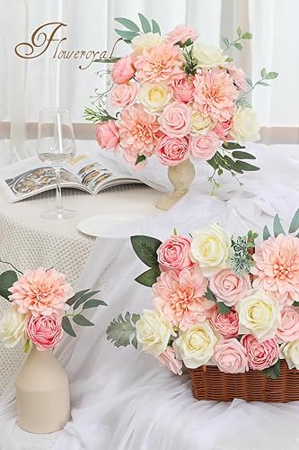 Miniatura 6 de Floweroyal Flores artificiales rosadas, rosas falsas, dalia con tallos para ramos de novia de boda, baby shower, arreglo floral, centros de mesa,