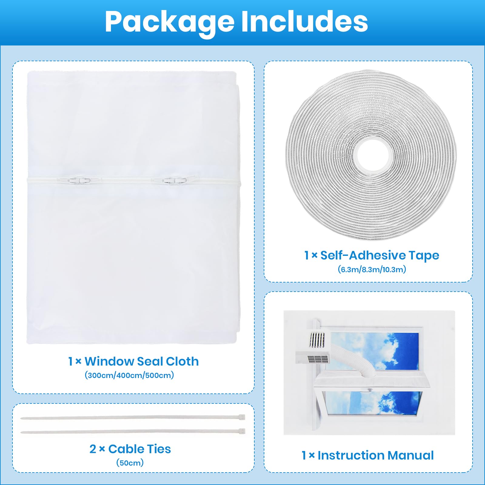 Kit Ventana Aire Acondicionado Portátil 300 cm, Sellador De Ventana para Aire Acondicionado, para Ventana Abatible, Oscilobatiente y Tragaluz, para 1 o 2 Tubos, Impermeable, Sin Taladrar