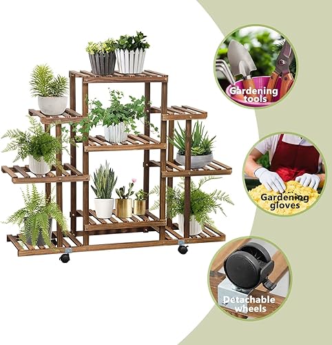 Miniatura 4 de Elevens Soporte de madera para plantas para interiores y exteriores, estante de 9 niveles para múltiples plantas carbonizadas, soporte para 12