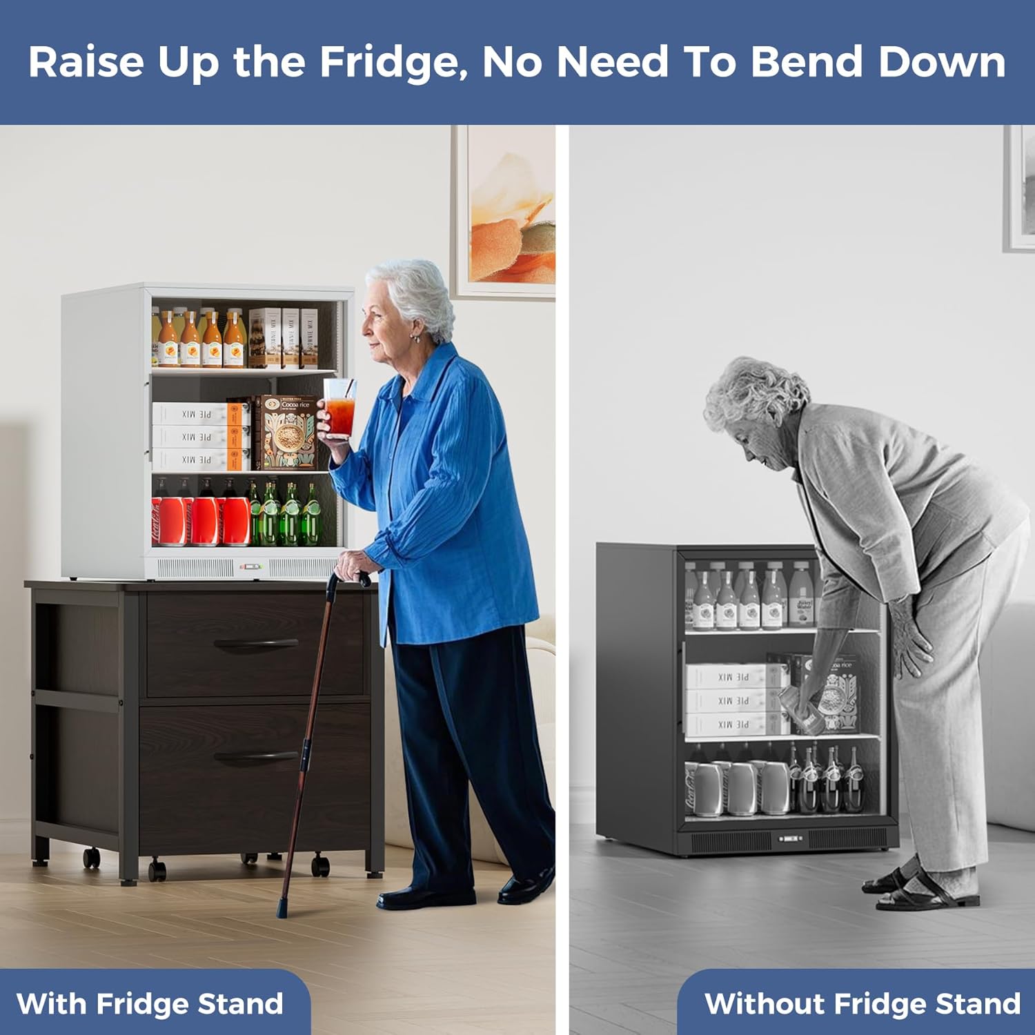 COOLBEBE Mini Fridge Stand with 2 Storage, 22" D x 23" W Heavy Duty Fridge Cabinet, Beverage Refrigerator Table Stand for Dorm, Home, Office, Bedroom, Black Walnut