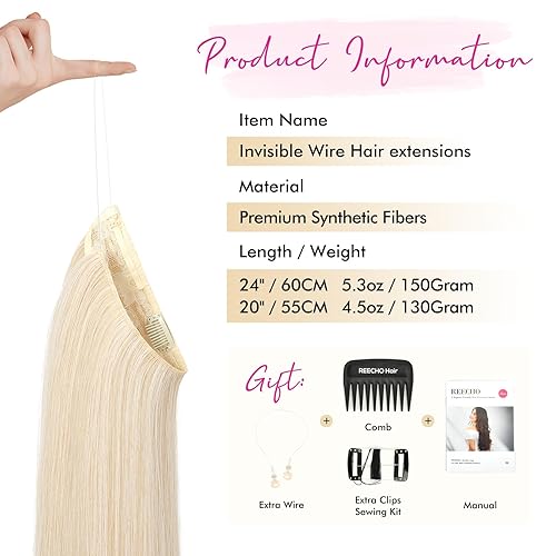 Miniatura 2 de REECHO - Extensiones de cabello con alambre transparente invisible, tamaño ajustable, broches de seguridad extraíbles en la extensión secreta recta