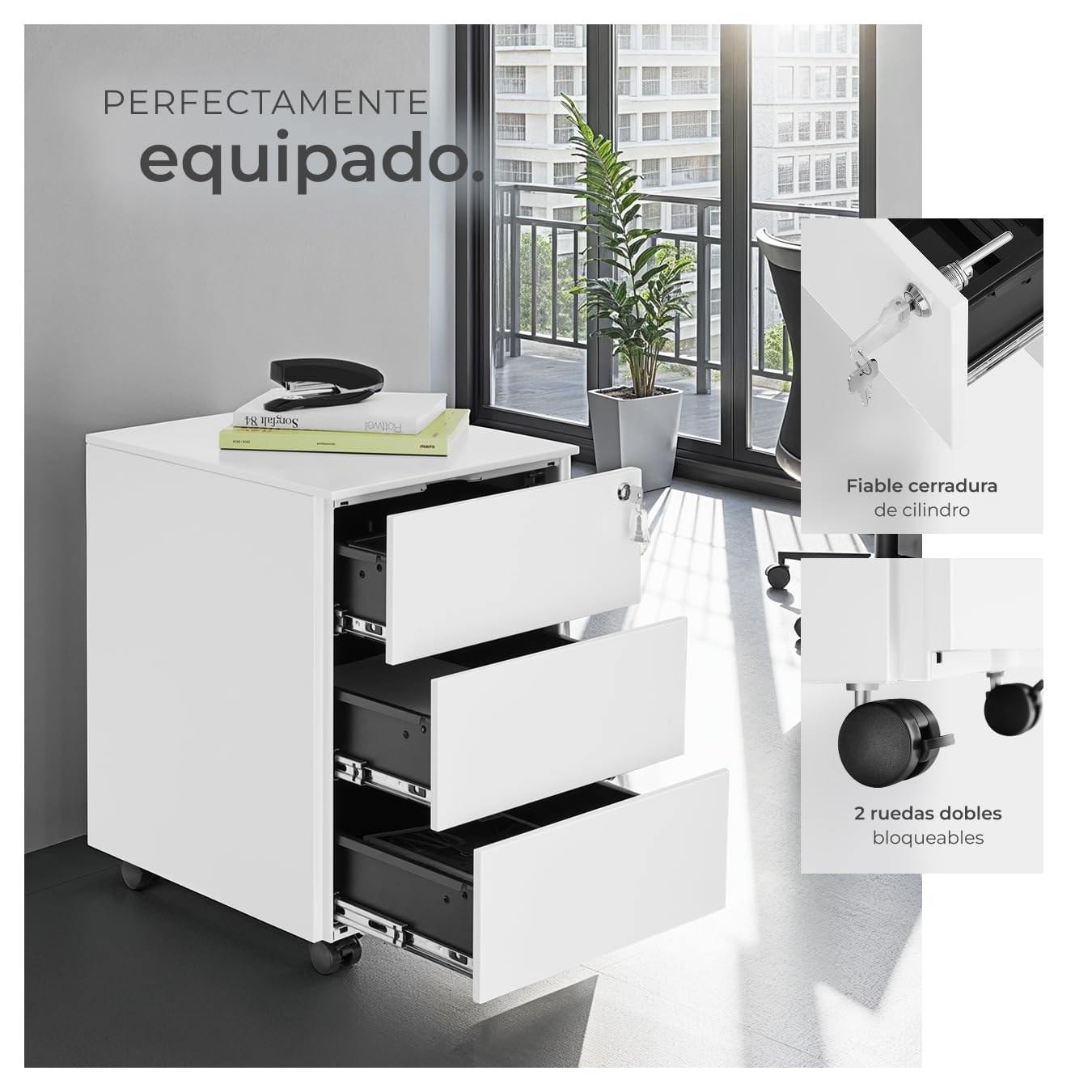 tectake® Robusta Cajonera Escritorio, Acero con Recubrimiento en Polvo, Tres Cajones DIN A4, Cajonera Oficina, Cierre Centralizado, Cajoneras con Ruedas Giratorias - 55x45x39cm Blanco