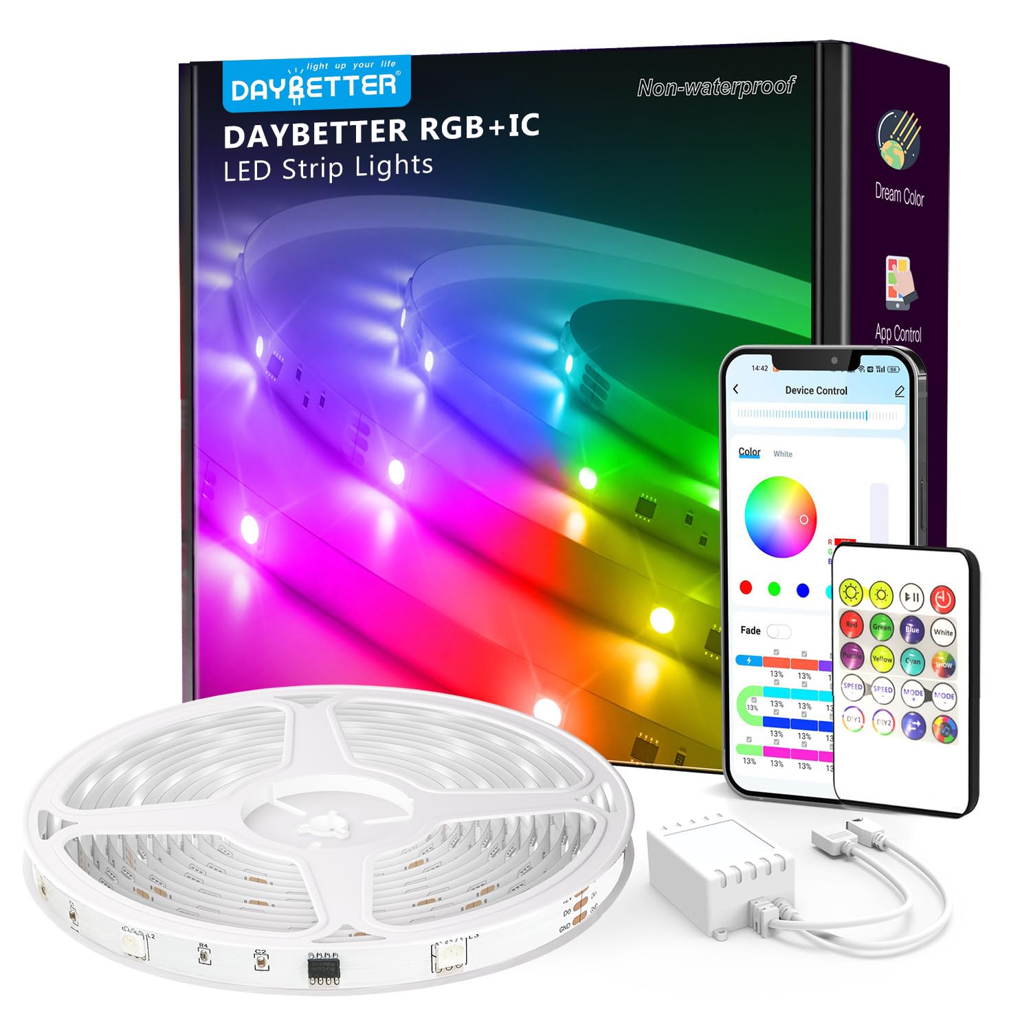 DAYBETTER 100ft Smart IC LED Strip Lights, BGRIC LED Lights for Bedroom, DIY Multiple Colors on One Line, App Control Color Changing Strip Lighting Music Sync Home Decor(1 Roll)