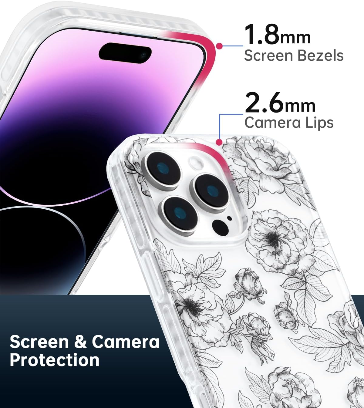 SCORPIFY for iPhone 16 Pro Case with Matte Queen of Flower Floral Design, Cute Clear Phone Cover for Women Girls, [10FT MIL-Grade Drop Protection] [Non Yellowing] Black Slim Bumper