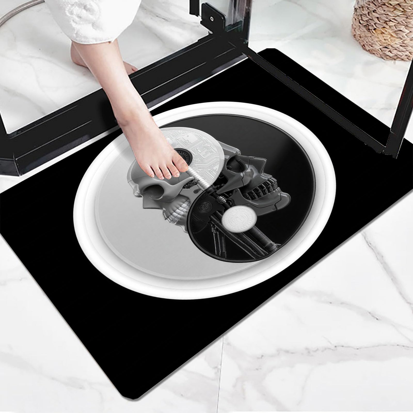 Paillasson intérieur Style Cyberpunk Sombre Squelette Mécanique Yin Yang, Tapis d'entrée antidérapant Lavable en Machine, Tapis Doux pour Cuisine, Salle de Bain, Chambre, Couloir - 60x90cm