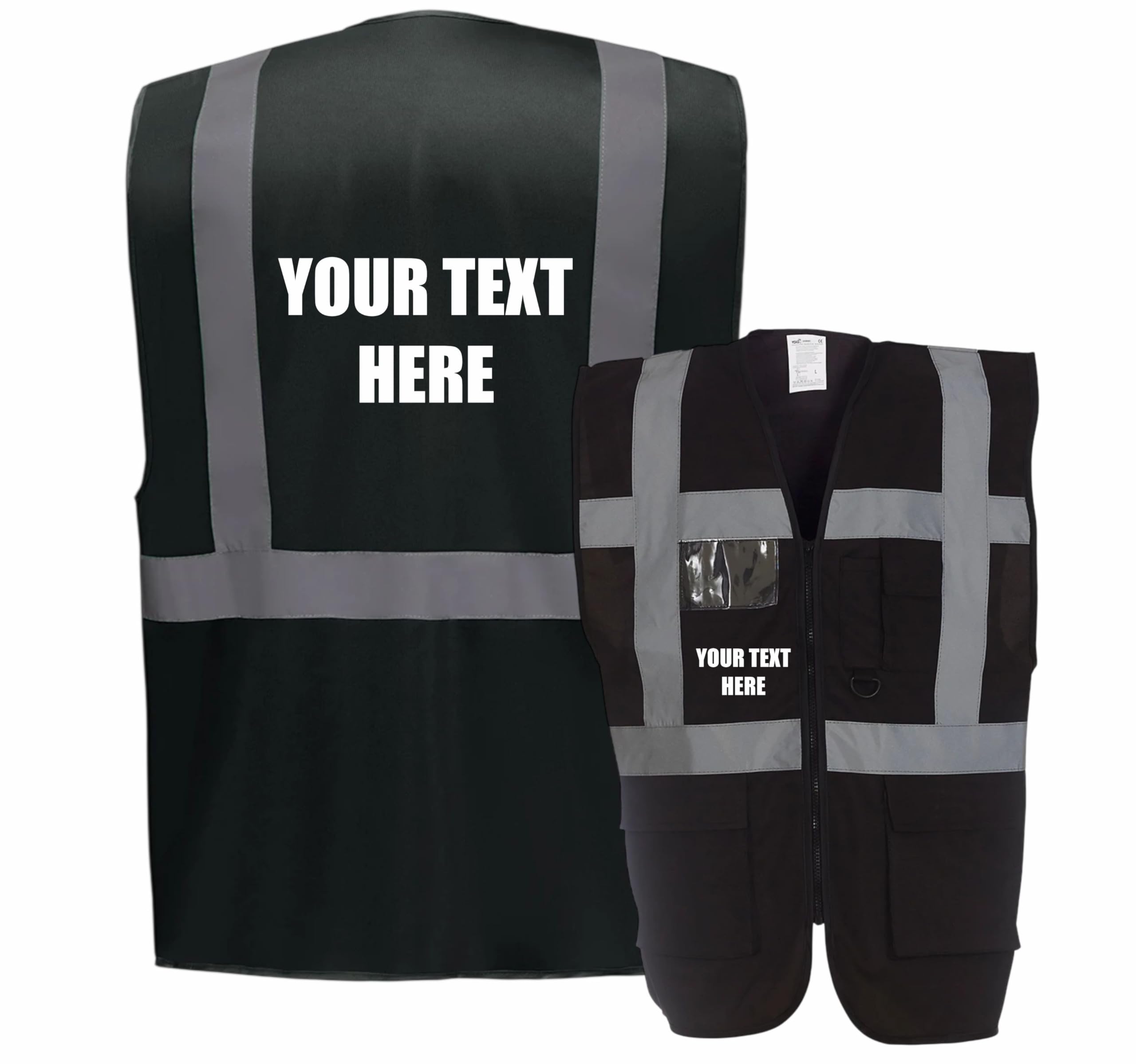 Personalised Custom Printed Premium Black Zip Vest Hi Vis Viz Reflective Safety Vest Waistcoat, Security, High Visibility, By Brook Hi Vis, Large