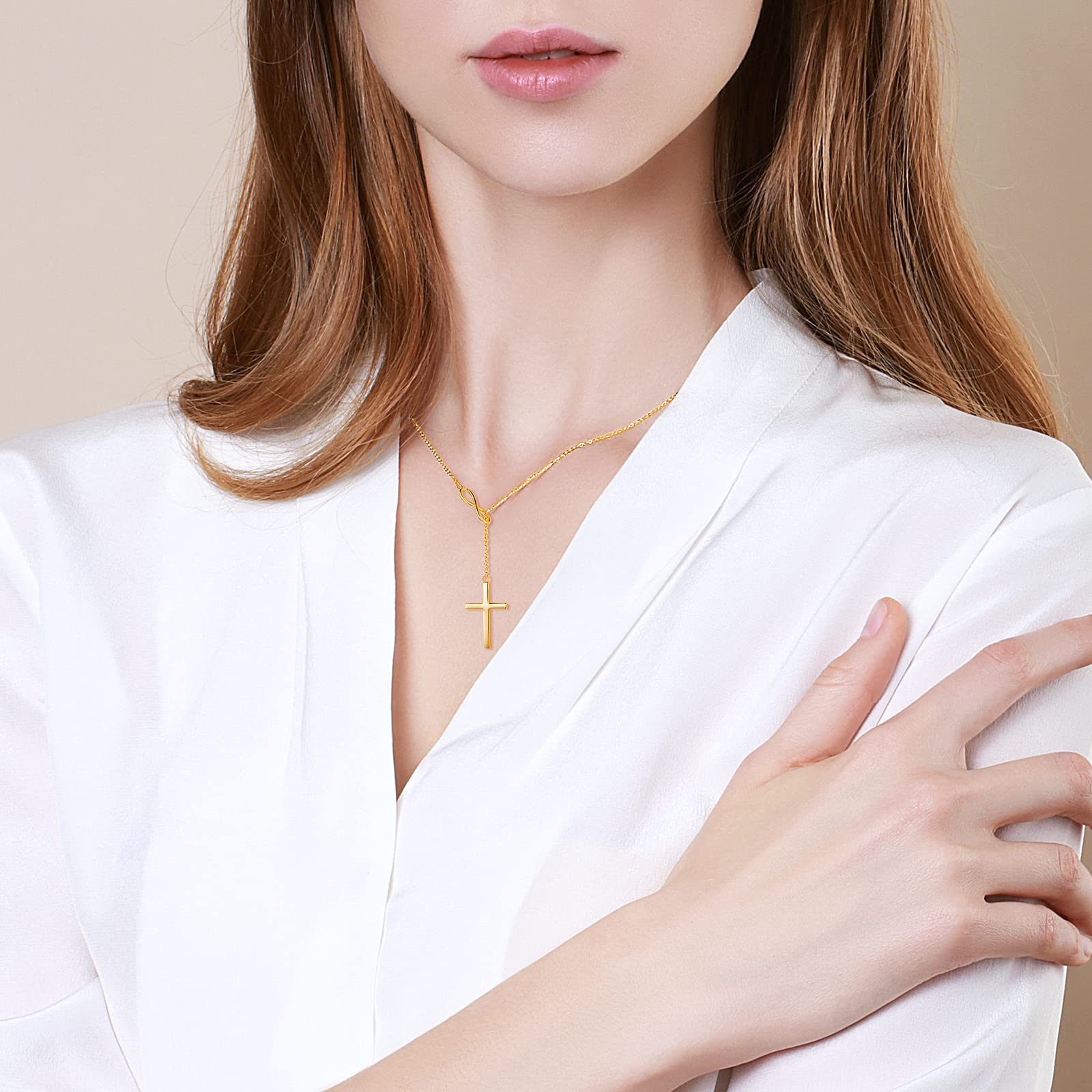 FANCIME Collar de Plata de Ley 925 Chapada Oro Amarillo con Colgante de Cruz Infinito y Cadena Regalo Joyería para Damas Mujer Niñas - Longitud Cadena: 40 + 5 cm