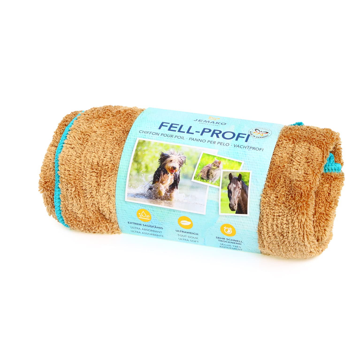 Jemako Fell-Profi Hundehandtuch Haustier-Trockentuch Haustier-Handtuch zur Haustier-Pflege, schonende Felltrocknung (S (34 x 55 cm)) inkl. SINLAND Wäschenetz