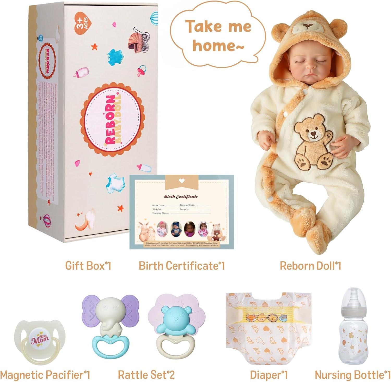 BABESIDE Reborn-Babypuppe Junge 43 cm Schlafend Realistische Babypuppe Weicher Stoffkörper Lebensechtes Neugeborenenhaar mit Spielzeugzubehör, Geschenk für Kinder ab 3 Jahren