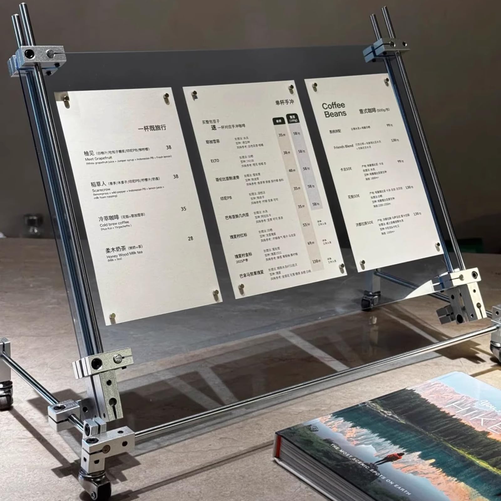 Soporte De Menú Acrílico De 40×25 Cm, Expositor De Mesa Transparente con Base De Acero Inoxidable Y Ruedas, Ideal para Restaurantes, Oficinas, Tiendas Y Ferias
