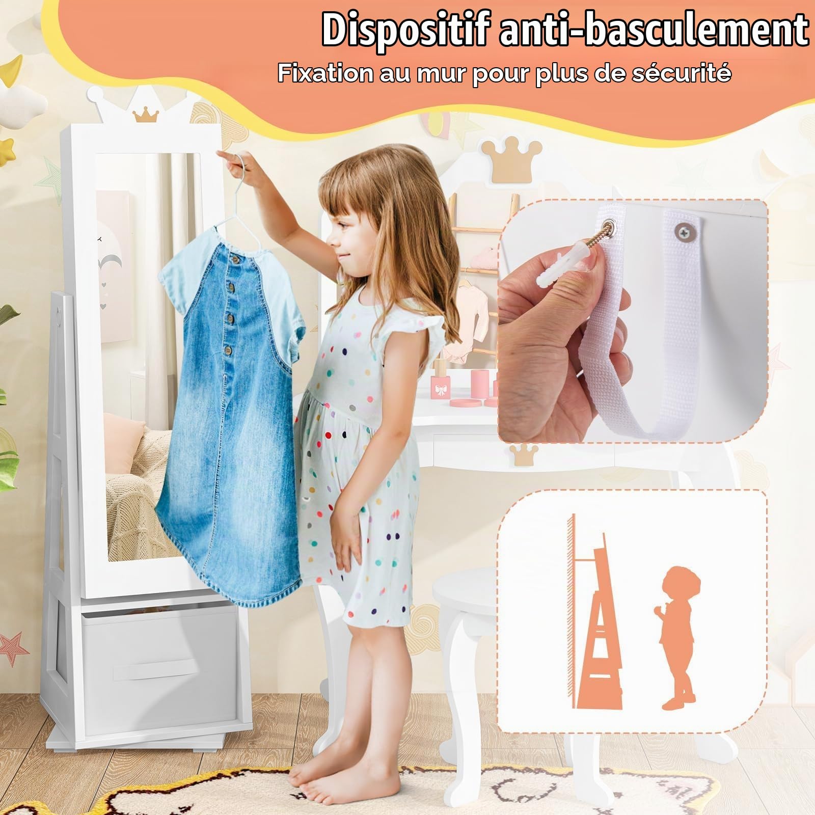 FANTASK Armoire à bijoux 3 en 1 pour enfants - Pivote à 360° - Avec miroir pleine longueur et panier de rangement - Blanc - Étagère à bijoux - Miroir de maquillage en forme de couronne - Pour enfants