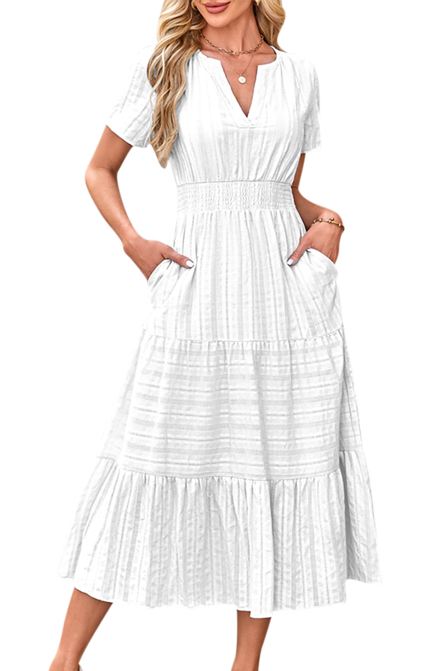 VEVESMUNDO Vestido de verano para mujer, manga corta, de algodón, informal, línea A, cuello redondo, vestido informal, vestido de lino, vestido largo con bolsillos