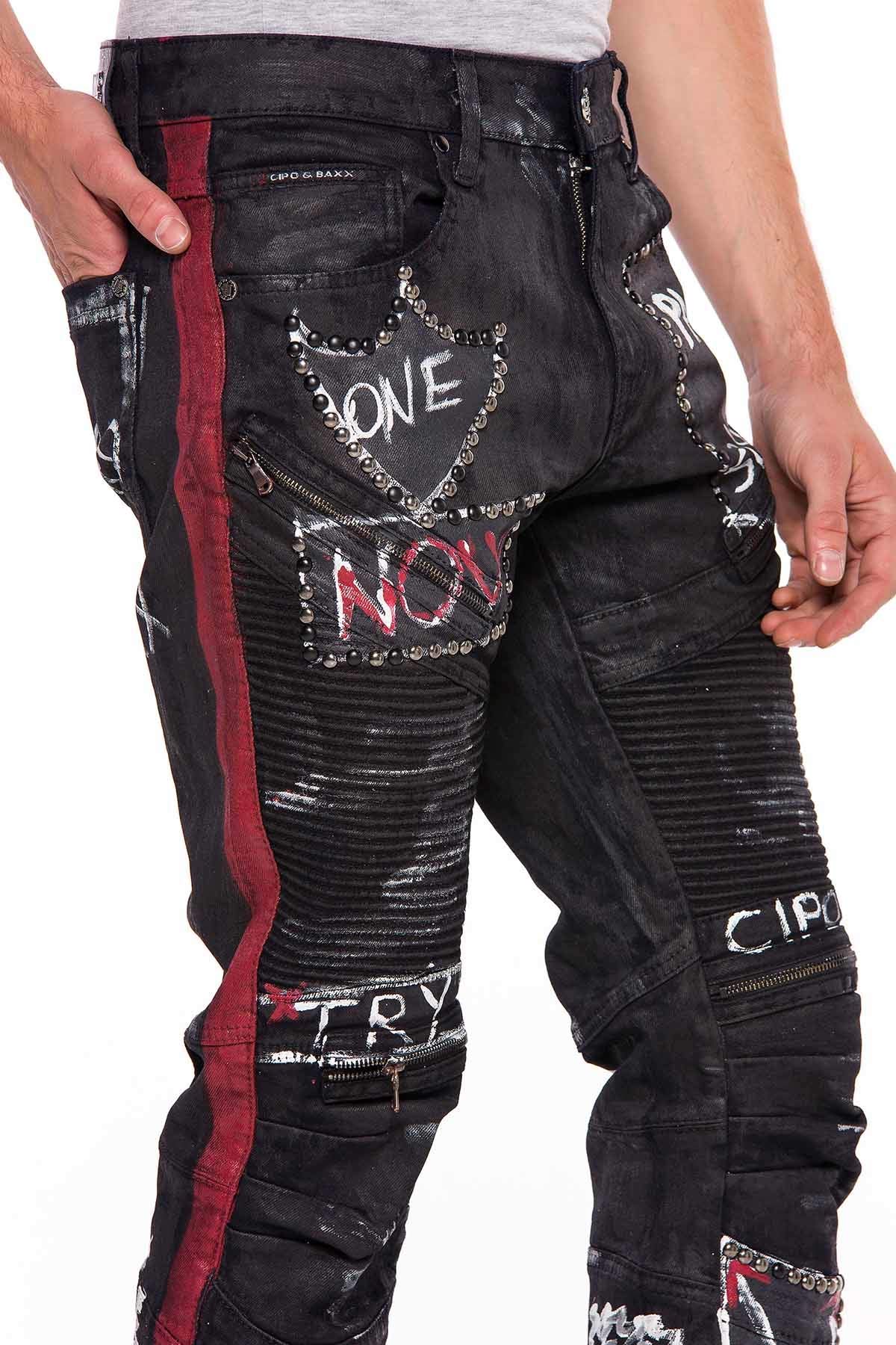 Cipo & Baxx Herren Jeanshose | Verschiedene Fits | Destroyed & Used Look mit Nieten, Kunstleder & Print | Modern Biker Style