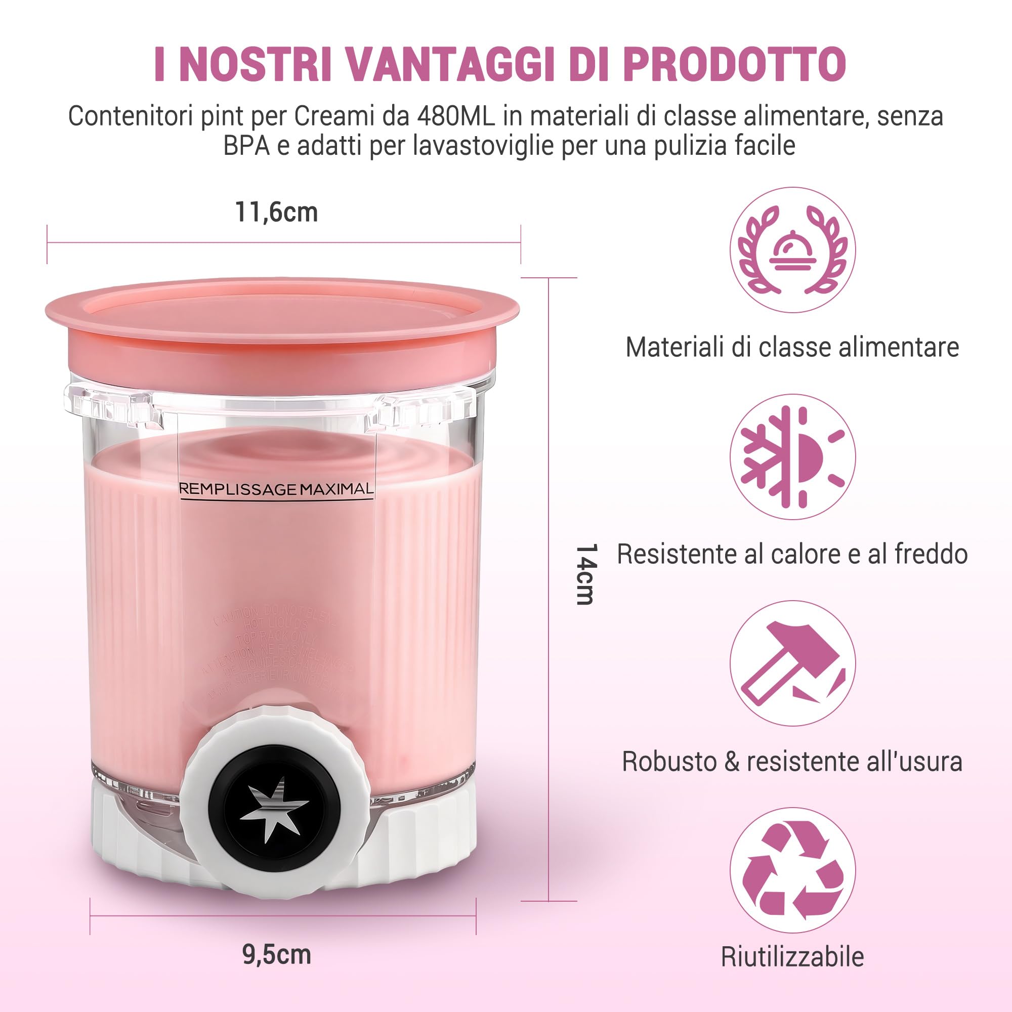 4 Contenitori compatibili con Ninja Cream, Accessori per i Modelli NC701EU/NC700, Senza BPA, Lavabile in Lavastoviglie, con Coperchi Ermetici - Ricambi per Macchina del Gelato per Ninja