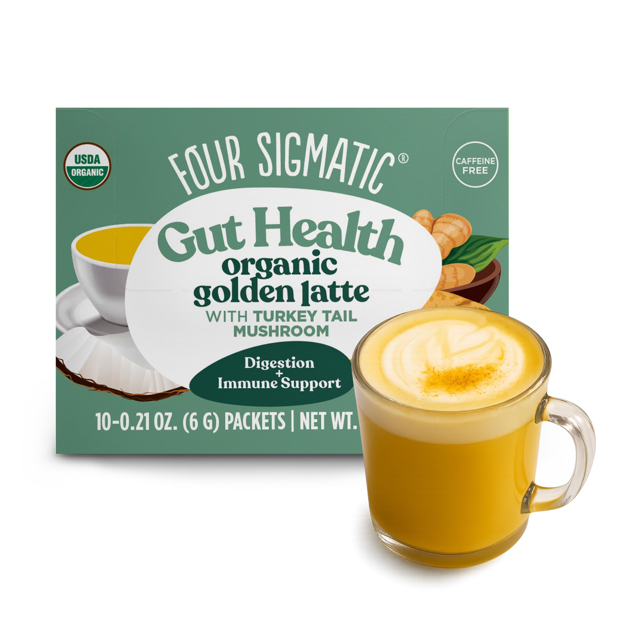 Golden Latte by Four Sigmatic | Organic Instant Golden Latte with Turkey Tail, Turmeric & Coconut Milk Powder | Supports Healthy Skin & Stress | Decaf & No Dairy | 10 CountUSDA Organic