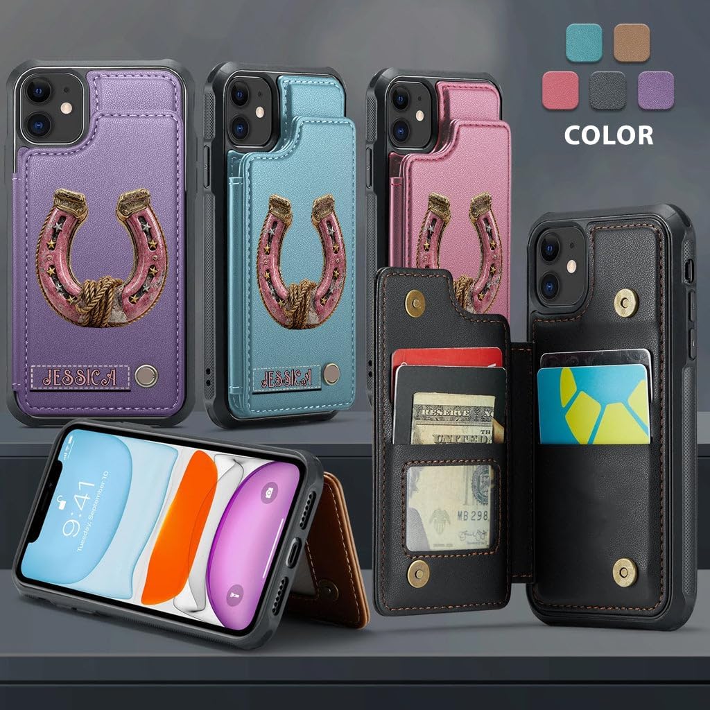 Horseshoe - Personalized Horse Wallet Phone Case, Personalized Horse Phone Case Customized Name Western Style Gift for Men Women Horses Lovers Christmas Birthday