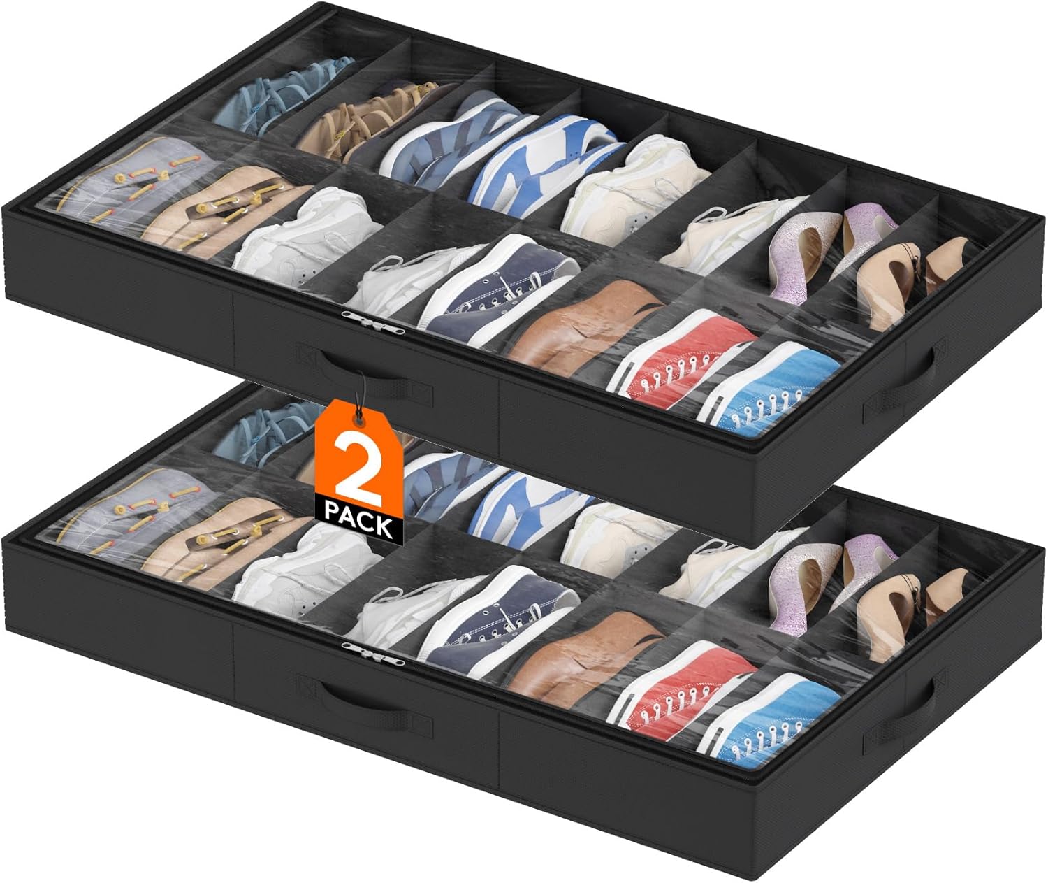 Lifewit Under Bed Shoe Storage Organizer 2 Pack(16 Shoes Cells), 4.3 Inches Profile Fabric Shoes Container Box with Clear Cover, Foldable Storage Bag with 2 Handles, Fits 16 to 32 Pairs