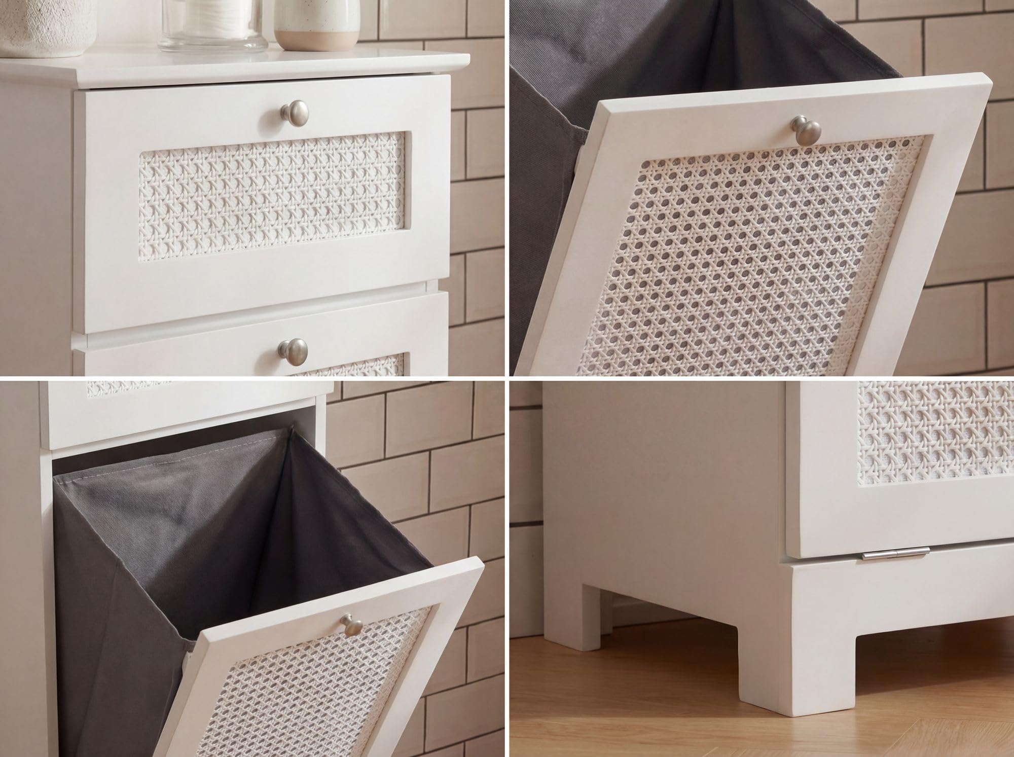 FineBuy Szafka na pranie Biała 38x90x40 cm Rattan Plecionka Szafka wnękowa Łazienka - Wąski kosz na pranie z drzwiami uchylnymi i szufladą - Szafka łazienkowa Pojemnik na pranie