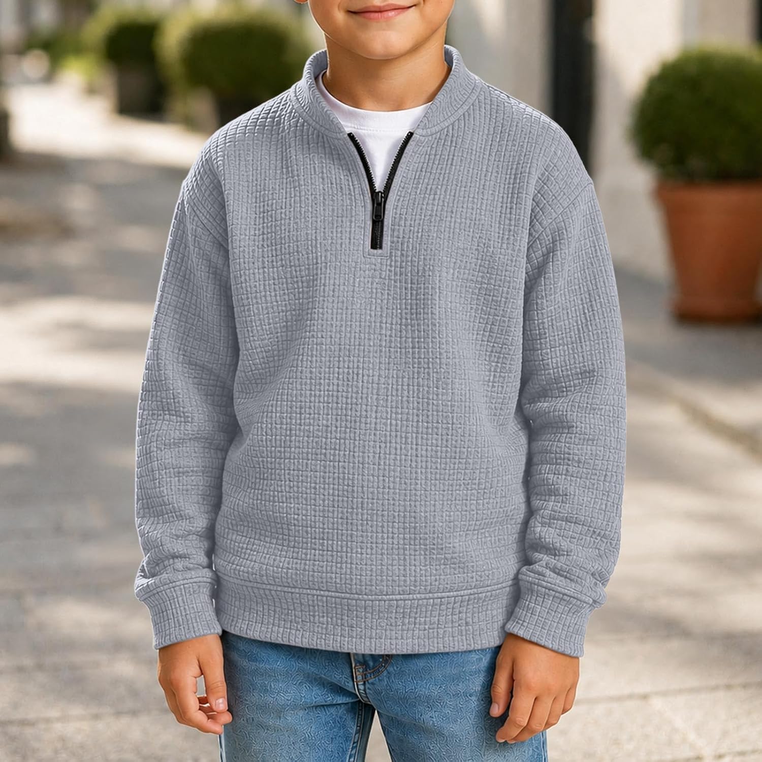 Boys Waffle Knit Half Zip Pullover Fleece Warm Sweatshirt