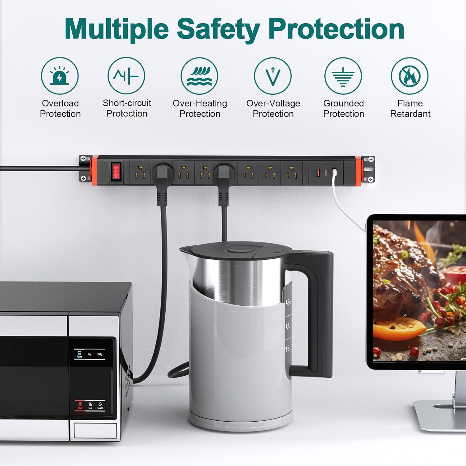 QBA 8 Outlet Heavy Duty Power Strip with USB Ports, Rack Mount Surge Protector with 360° Rotating Brackets, USB C PD 20W, Wall Mount Power Strip for Home Office Garage Workshop