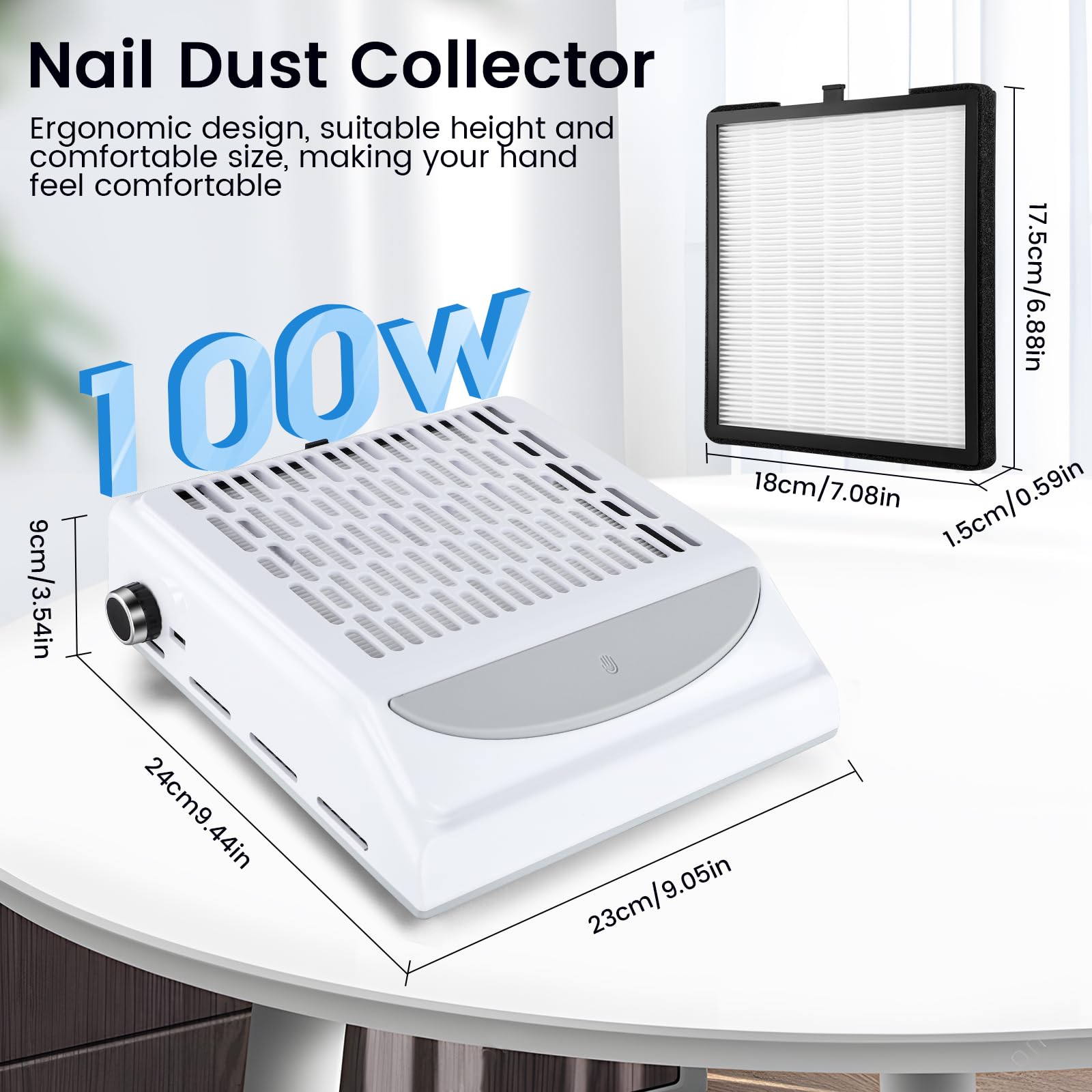 Aspiratore Unghie 100W,aspiratore unghie professionale,Vacuum Nail Speed Regolabile,Aspirapolvere per Manicure con Velocità Regolabile,Filtro Riutilizzabile e USB per Ricarica Smartphone