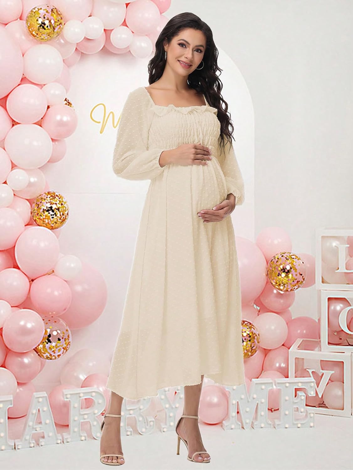 JustVH Women's Maternity Boho Flowy Long Sleeve Smocked Square Neck Swiss Dot Tiered Party Long Dress for Baby Shower - Image 3