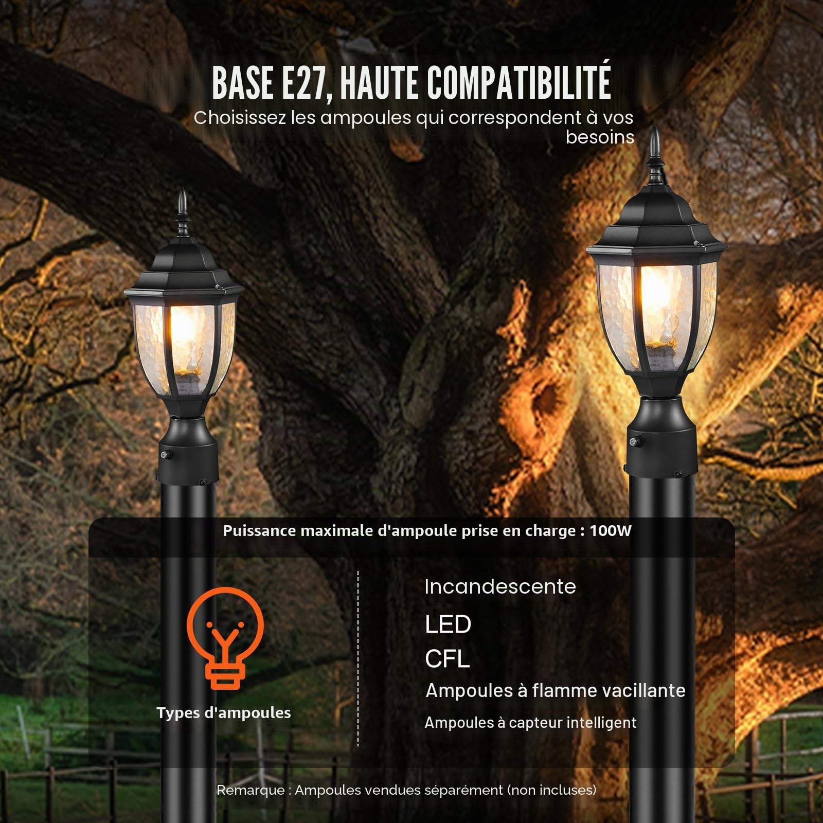 VEVOR Lampadaire extérieur, lot de 2, luminaires étanches 390 mm, avec base de montage sur pilier 9 cm, abat-jour verre, éclairage anti-foudre crépuscule à l'aube pour patio, jardin, allée, terrasse
