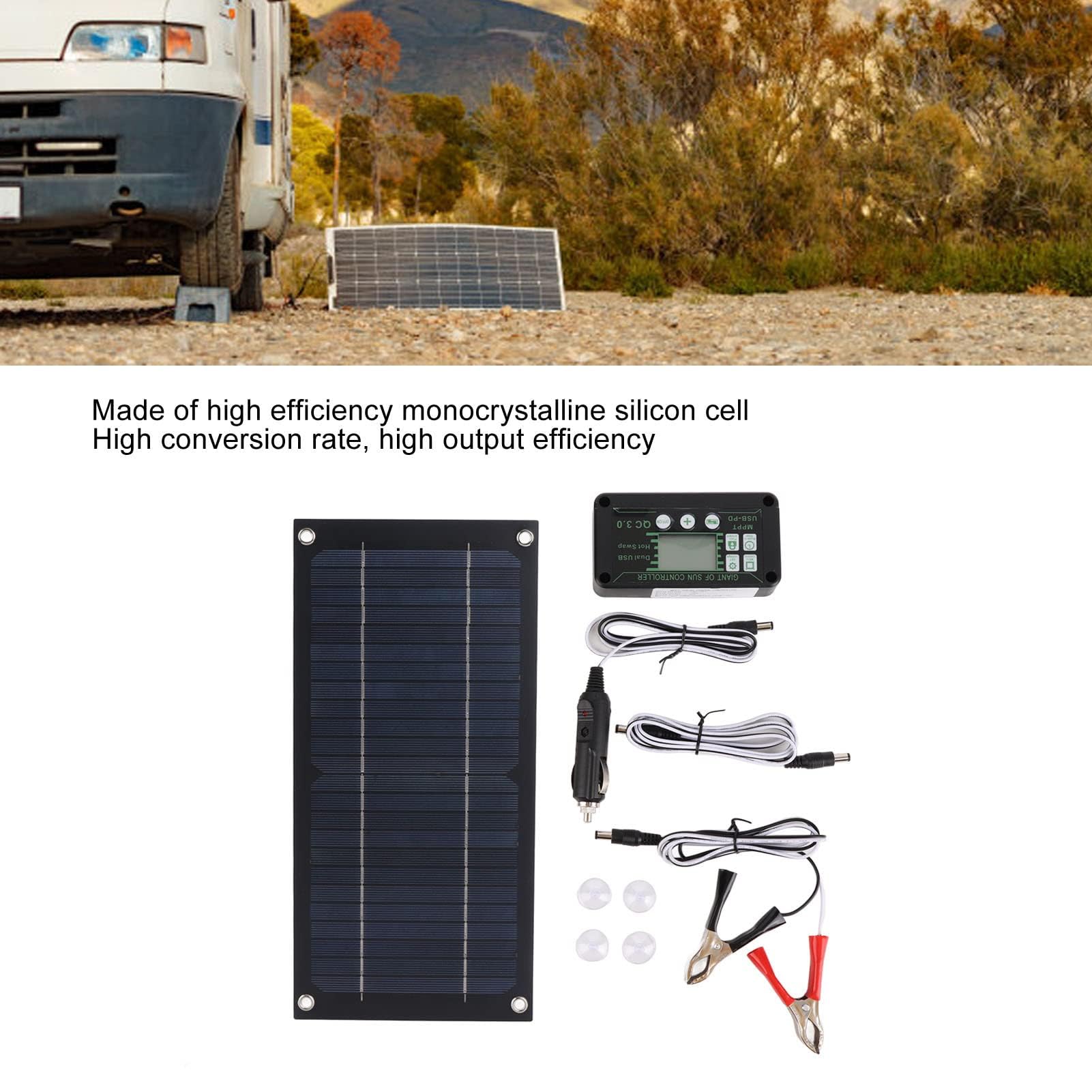 300×145mm Panneau Solaire, 20W 12/24V 100A Kit de Chargeur de Batterie de Panneau Solaire Kit de Panneau Solaire de Contrôleur de Charge avec Clip de Batterie de Câble D'extension