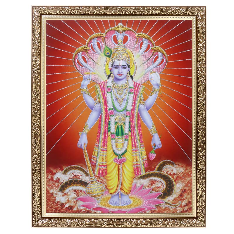 Photo de travail Vishnu Bhagwan zari argent cadre cuivre doré grand format déco hindoue