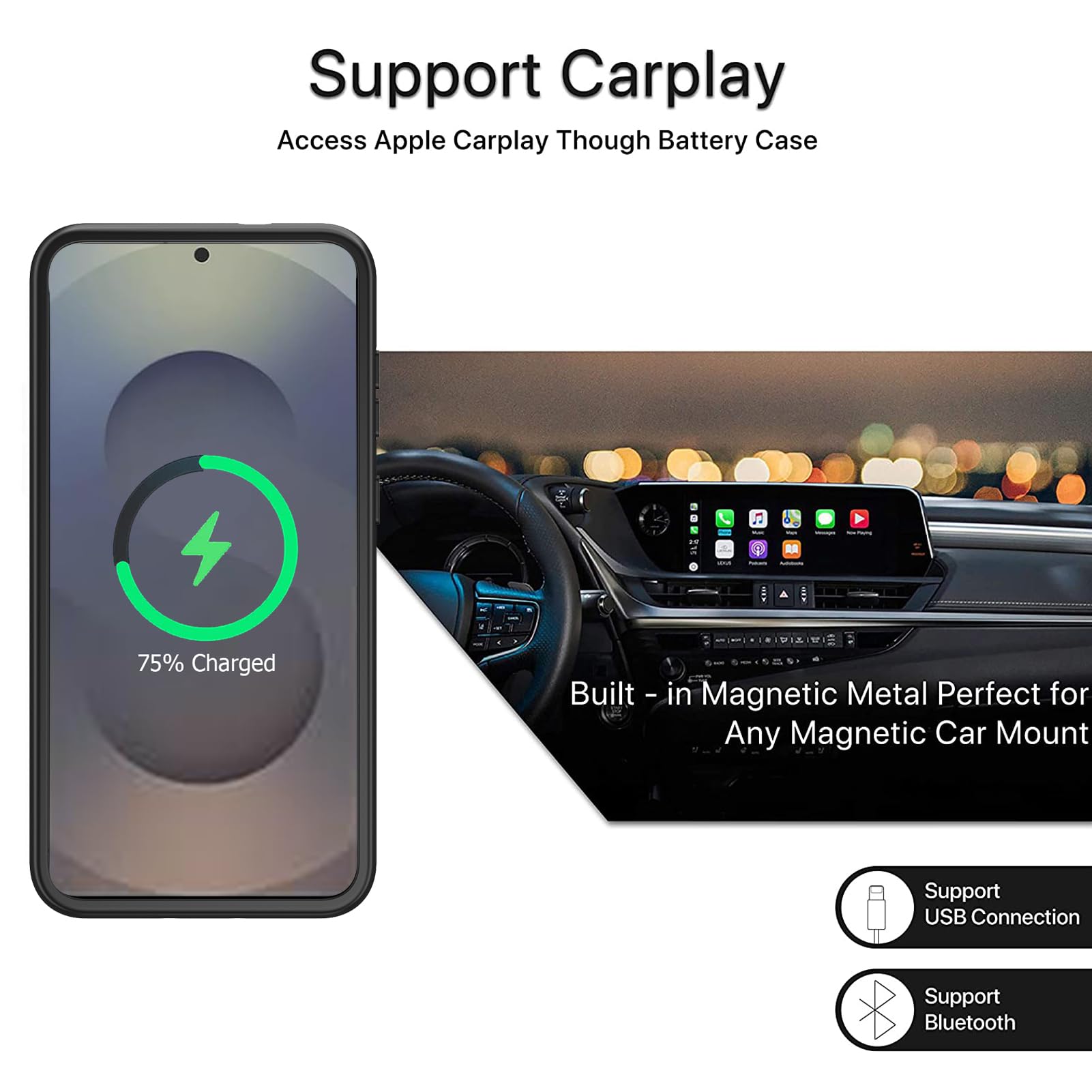 Custodia con batteria per Galaxy S25, 10000 mAh, ad alta capacità, ricaricabile, portatile, protettiva e estesa, compatibile con Galaxy S25 (6,2 pollici), custodia di ricarica wireless con pellicola