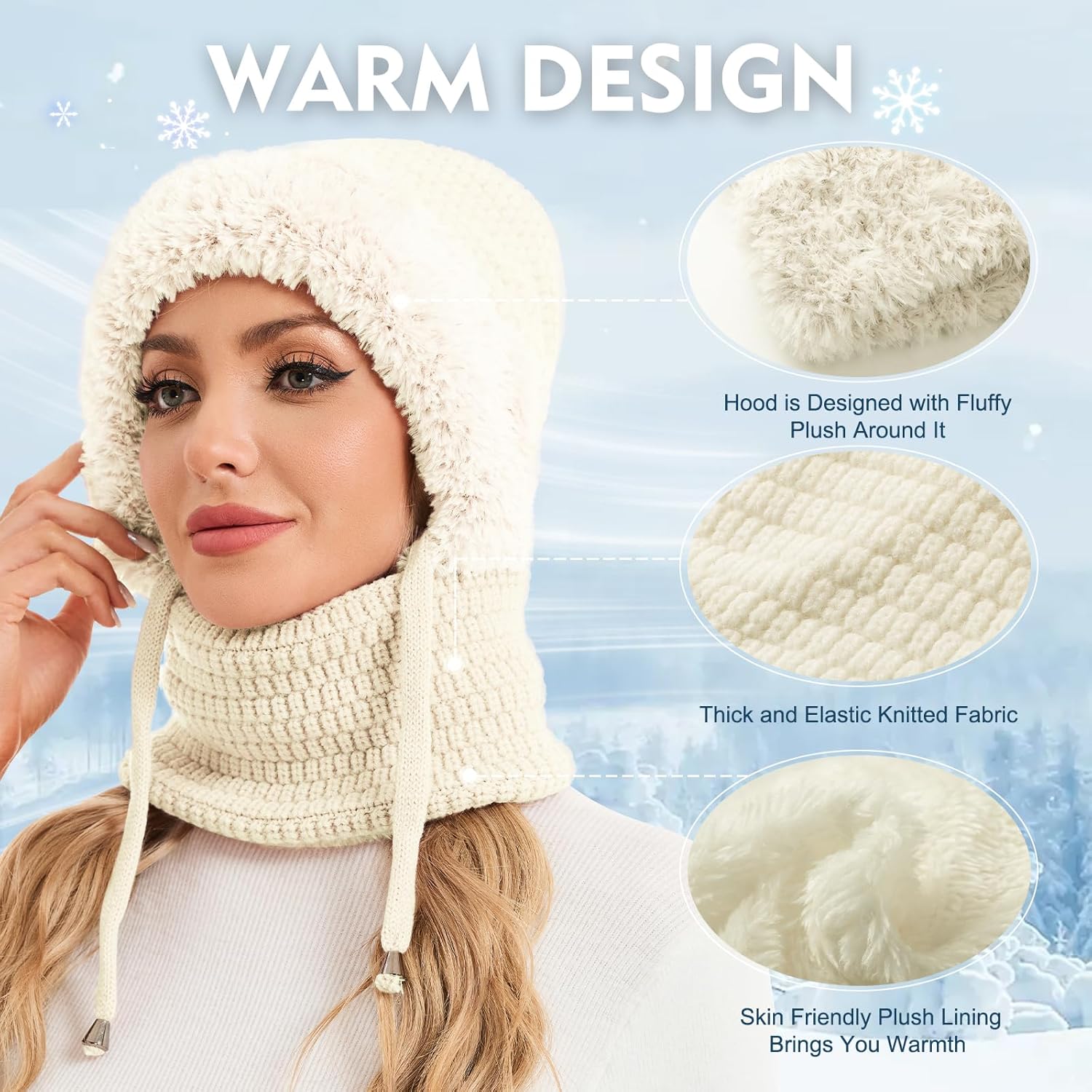 Sumolux 3 in 1 Beanie Hat for Women with Fleece Lined Scarf and Mask Outdoors Windproof Knitted Ski Mask Set - Image 2