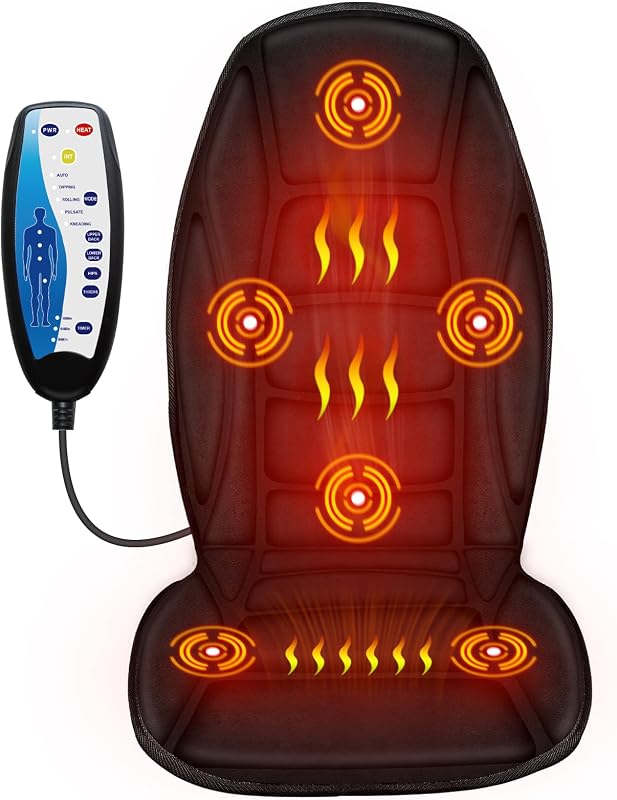 Masajeador de espalda con calor, cojín de asiento de masaje por vibración para silla | 2 niveles de calor, 5 modos, 4 intensidades, 4 zonas seleccionables, regalos de relajación para trabajadores de escritorio, sillas reclinables de oficina en casa