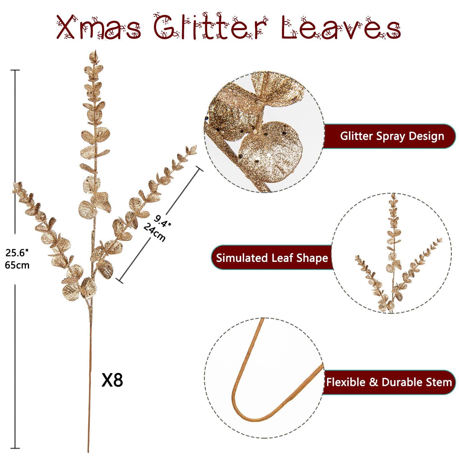 8PCS Christmas Eucalyptus Leaves Glitter Eucalyptus Stems, 65CM Champagne Gold Artificial Christmas Tree Decorations - Image 2