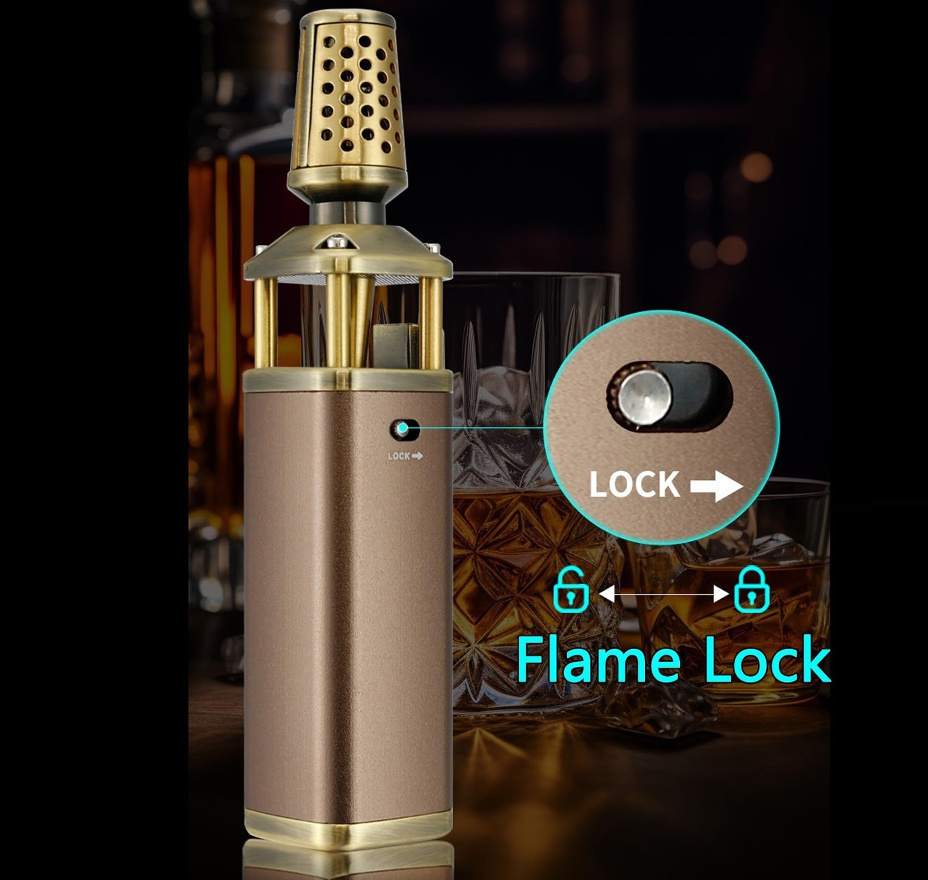 Encendedor de butano resistente al viento, 360 grados utilizable, recargable con bloqueo de fuego, ideal para aventuras de camping