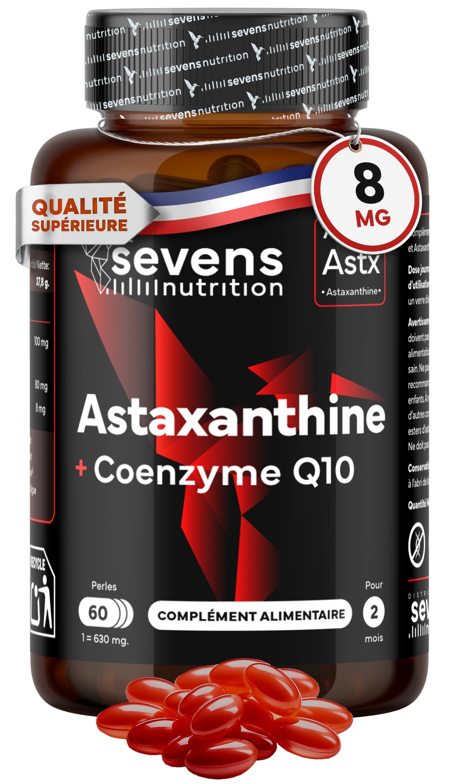 Astaxanthine Naturelle Astapure® avec Coenzyme Q10 et Huile d’Olive Vierge Extra – Antioxydants Puissants pour Yeux Peau Immunité – 60 Softgels Haute Absorption – Sevens