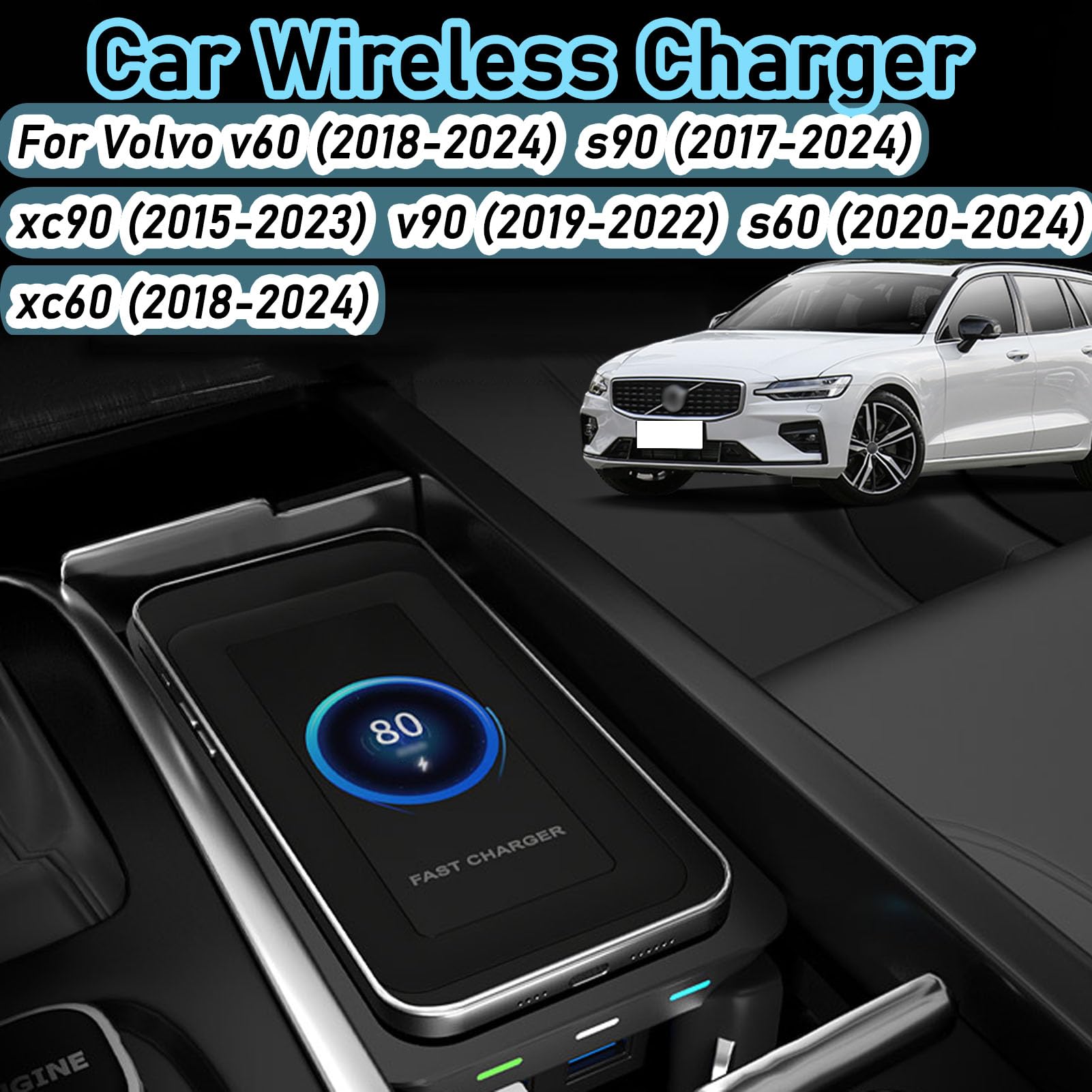 Cenna Caricabatteria per Auto Wireless per Volvo S60 Xc60 V60 S90 V90 Xc90 (2015-2024) Accessorio per Tutti I Modelli con Wireless da 15 W E Doppia USB Qc3.0 Regalo di Ricarica Rapida per La Famiglia