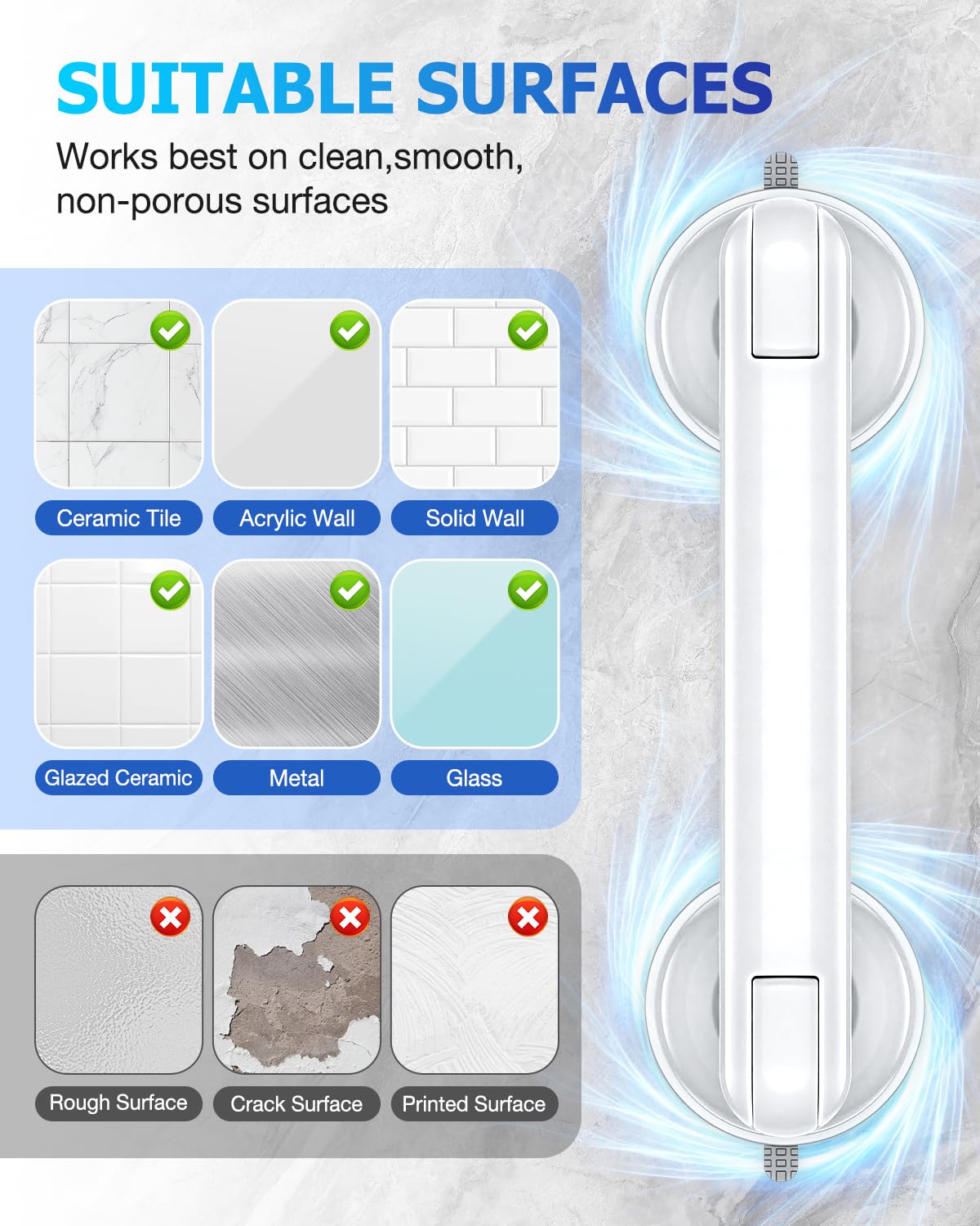 Coneclat Grab Bars for Bathtubs and Showers, Shower Handles for the Elderly and People in Need, 2026 Upgraded Rubber Suction Cup with Maximum 350 lbs Suction Power, No Drilling-(White-1 Pack) - 3