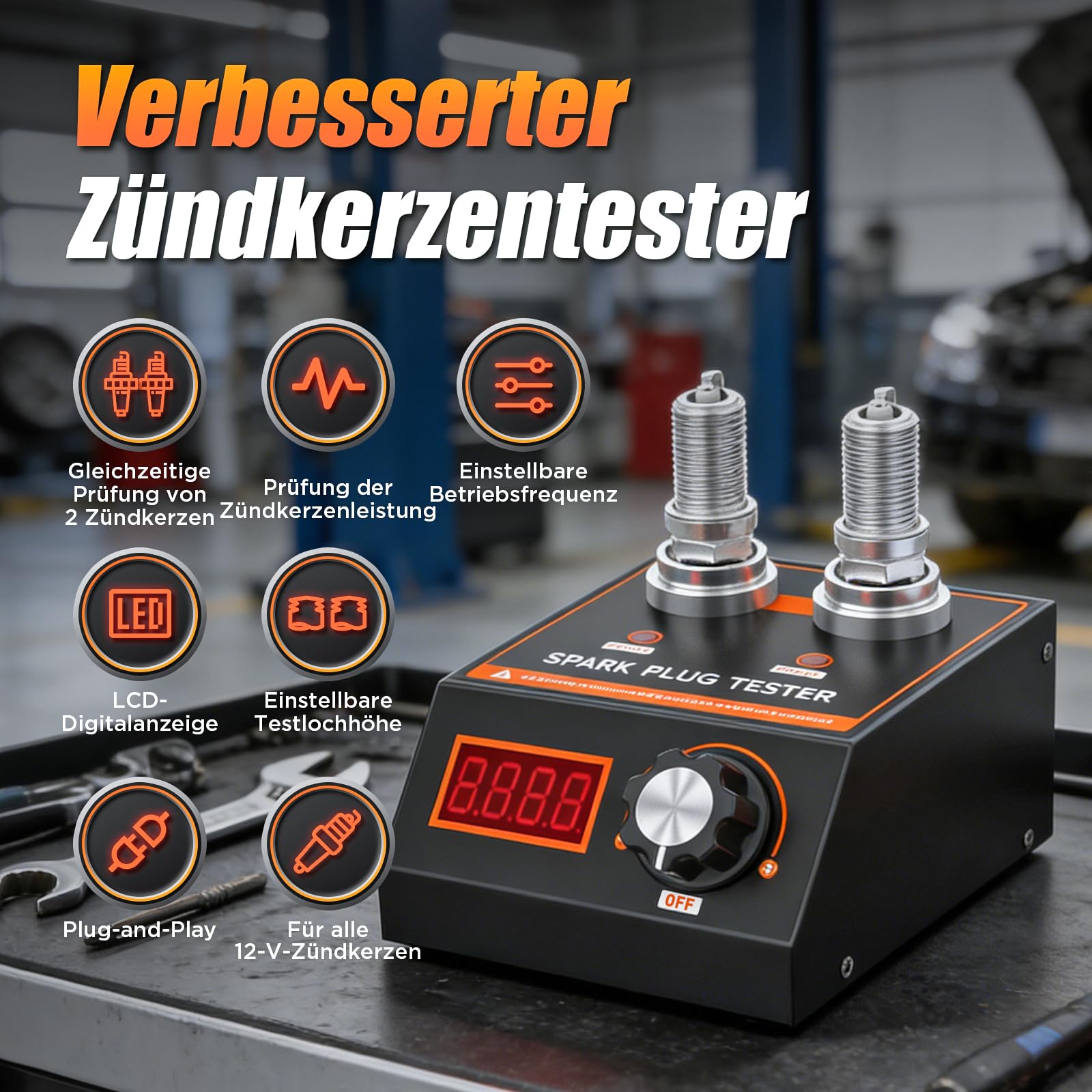 Zündkerzentester, Zündkerzenprüfgerät mit zwei Öffnungen, MotorZündungstester, Einstellbare Arbeitsfrequenz von 500 bis 9000 U/min, Zündkerzenprüfer für 12-V-Autos und Motorräder