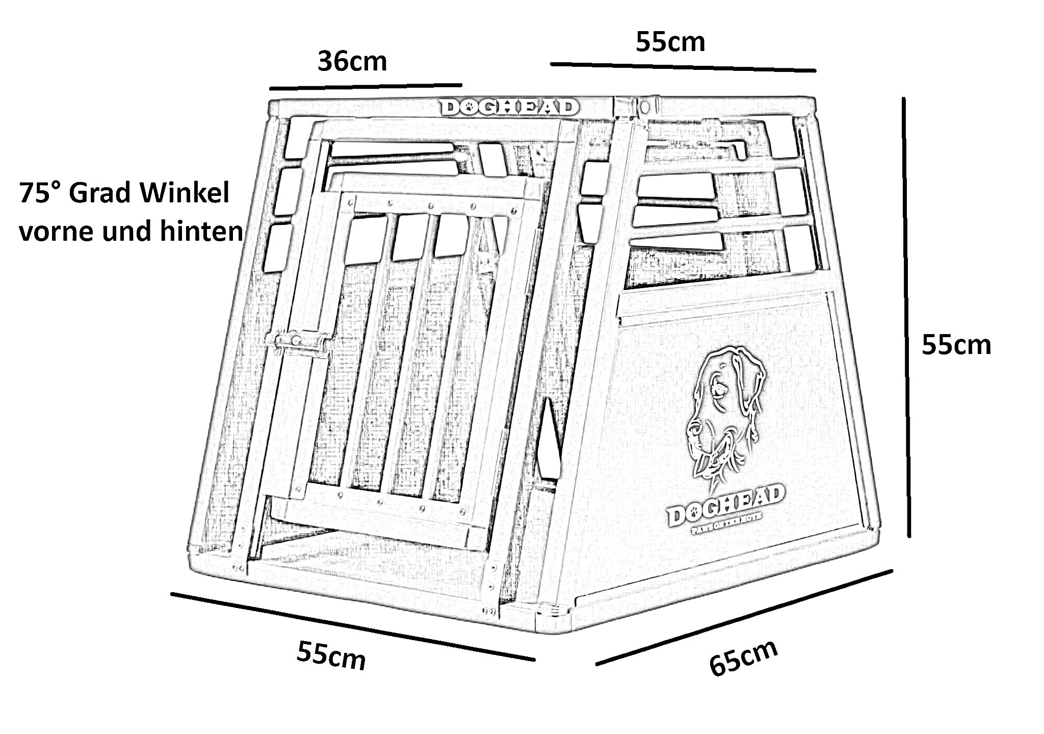 DOGHEAD Hundetransportbox Proline, Single 55x65x55 cm, Schwarz, Aluminium, Beidseitig Abgeschrägt 75°, mit Notausstieg