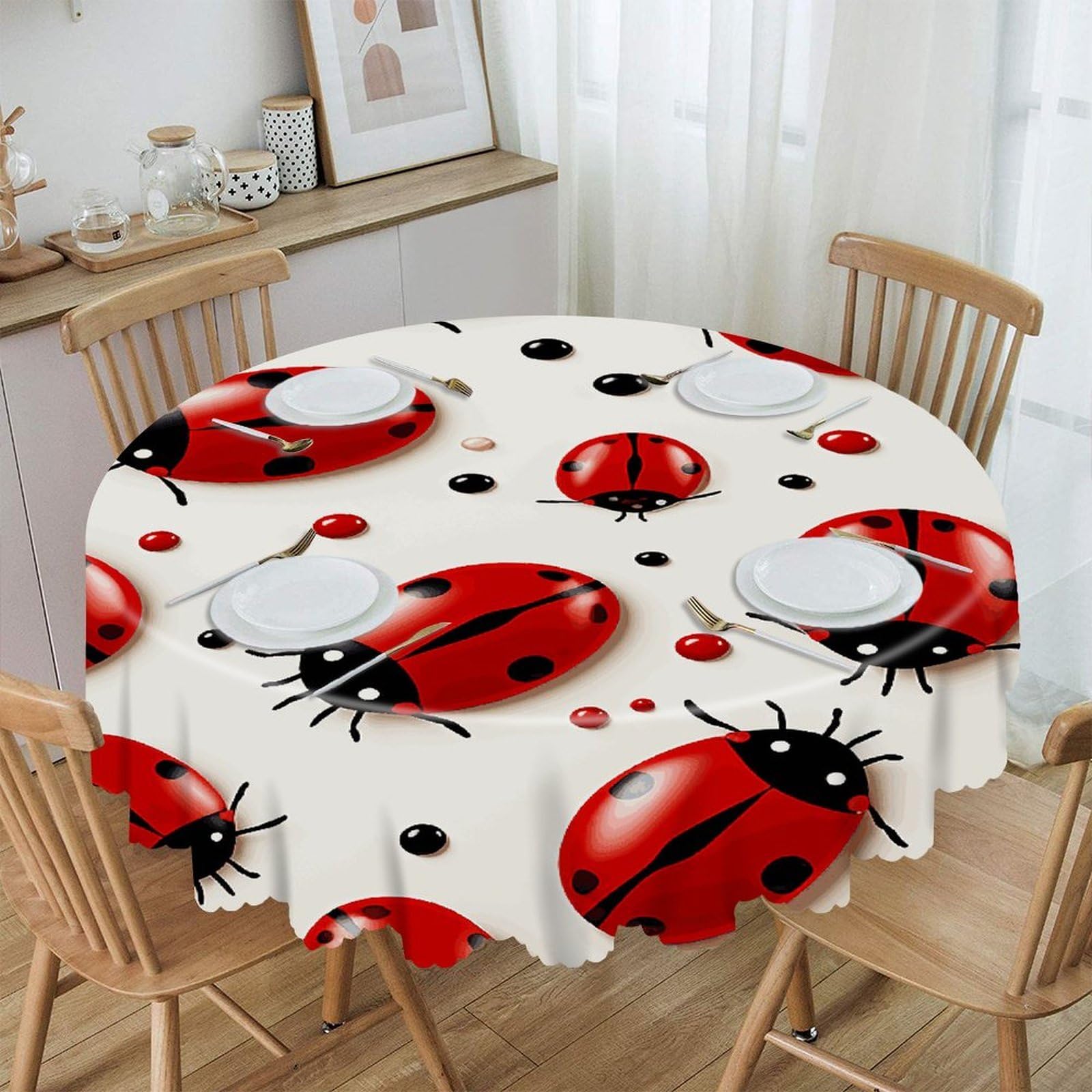FekiLoot Red Ladybug Round Tablecloths 60 Inch Resistant Washable Polyester Table Cloth Style Decorative Circle Fabric Table Cover for Dining Kitchen Party Farmhouse Outdoor