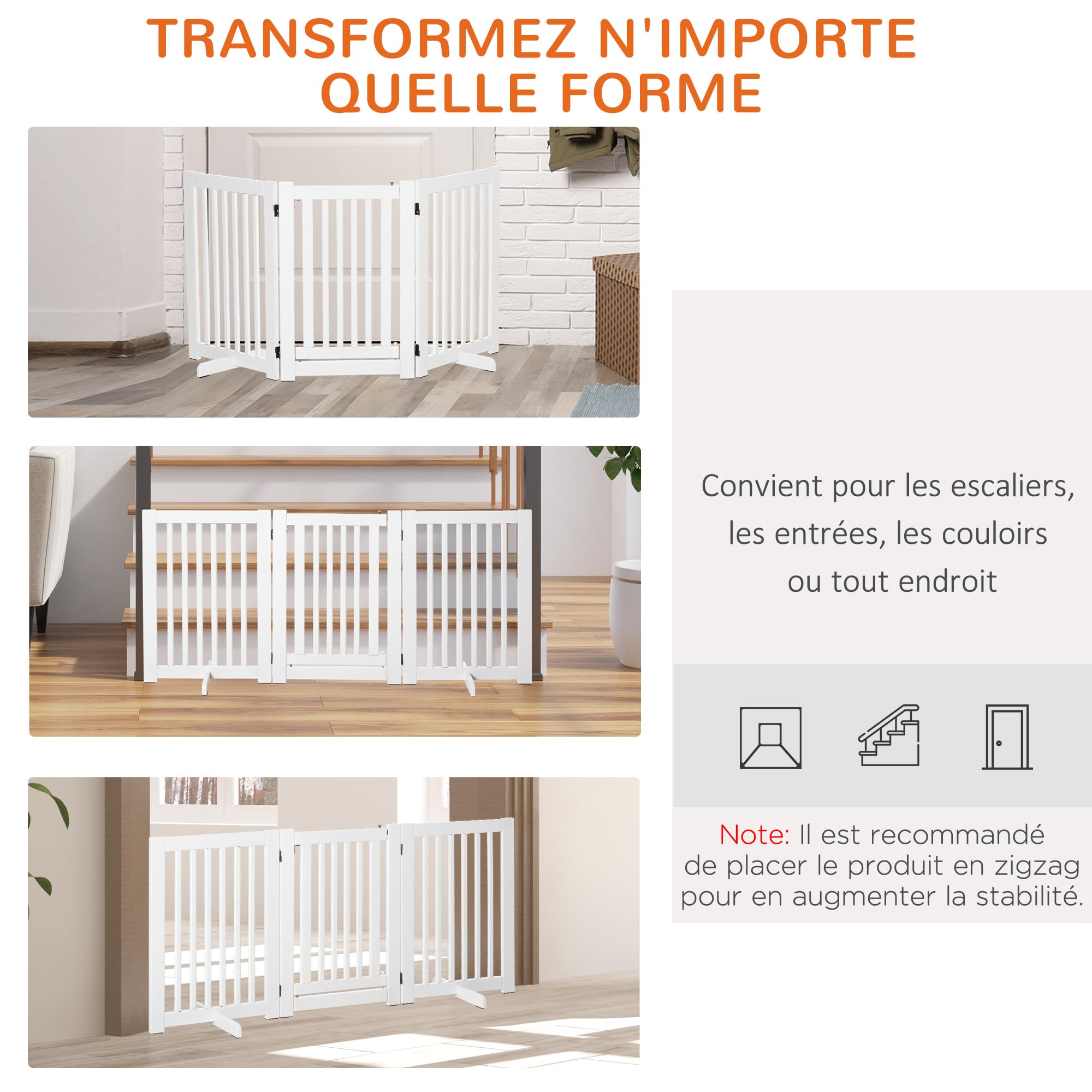 PawHut Barrière de sécurité Chien barrière modulable Pliable avec Porte verrouillable intégrée 155 x 35,5 x 76 cm MDF Blanc